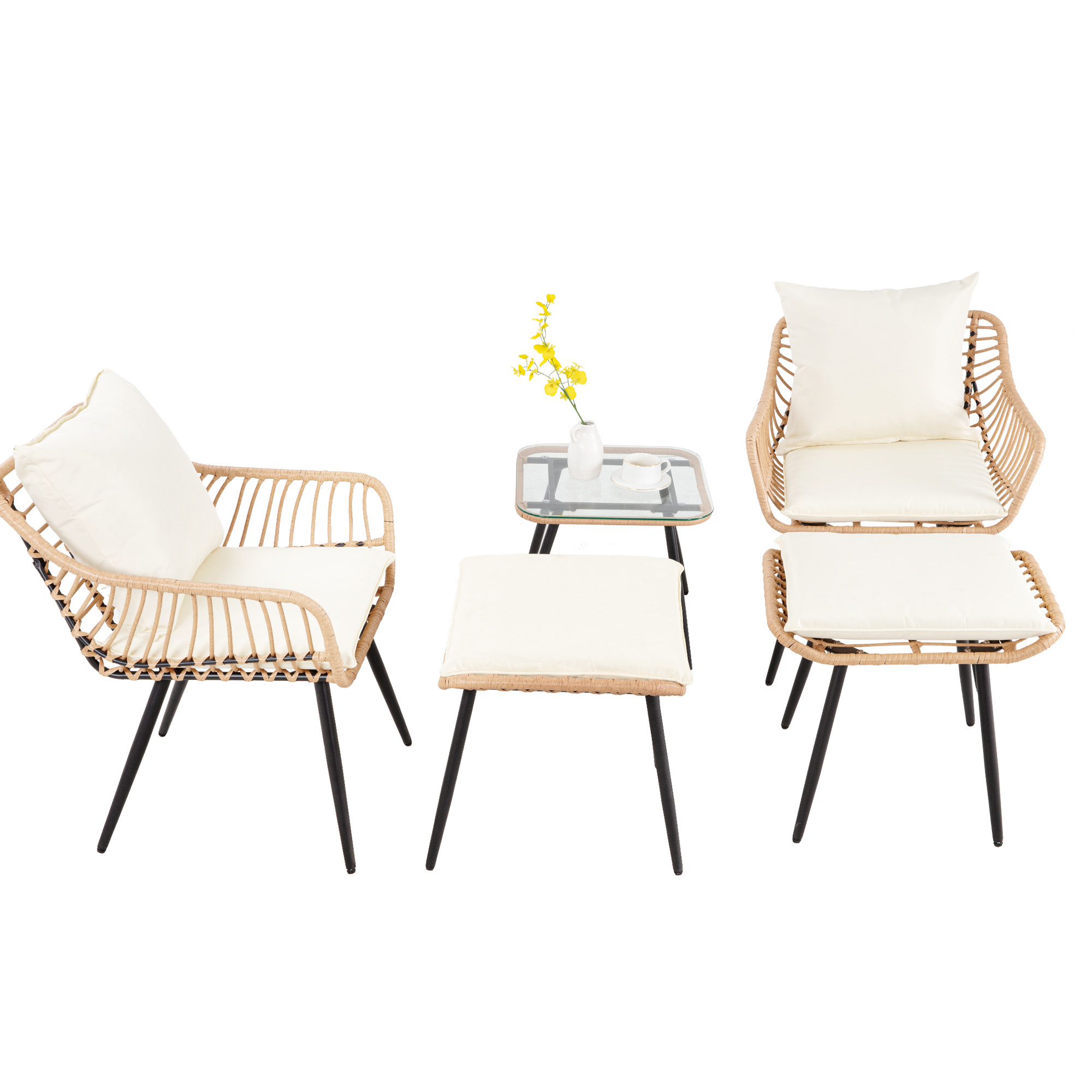 7-Piece Patio Bistro Set – PE Rattan Chairs with Cushions, Ottomans, and Tempered Glass Coffee Table, Compact Outdoor Furniture for Balcony or Small Spaces (Blue/Beige)