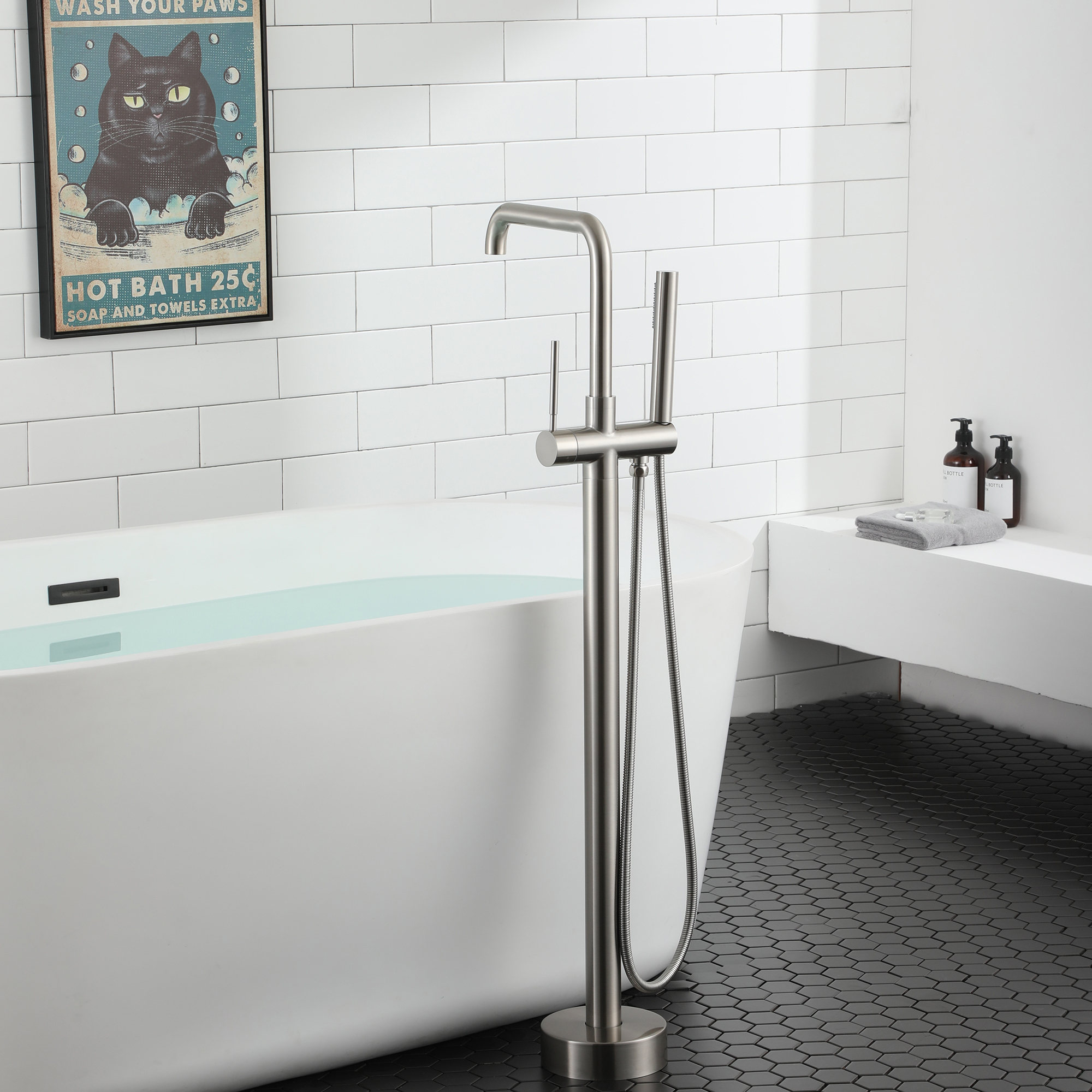 Single-Handle Freestanding Floor Mount Roman Tub Faucet Bathtub Filler with Hand Shower in Matte Black