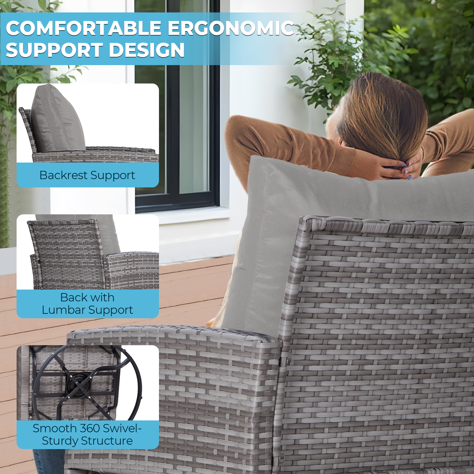 3-Piece Outdoor Swivel Chair Patio Set – 360° PE Rattan Chairs with Cushions & Glass Coffee Table, Gray/Beige/Blue/Dark Gray/Brown