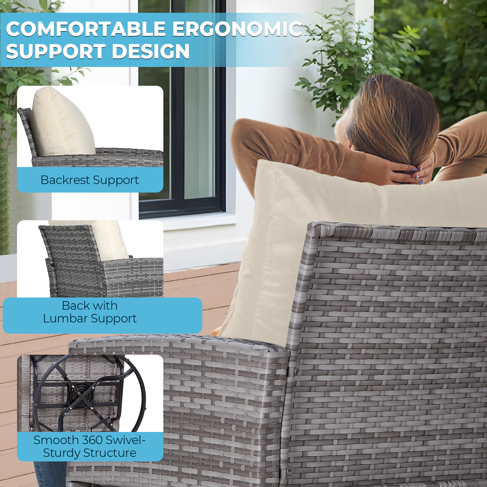 3-Piece Outdoor Swivel Chair Patio Set – 360° PE Rattan Chairs with Cushions & Glass Coffee Table, Gray/Beige/Blue/Dark Gray/Brown