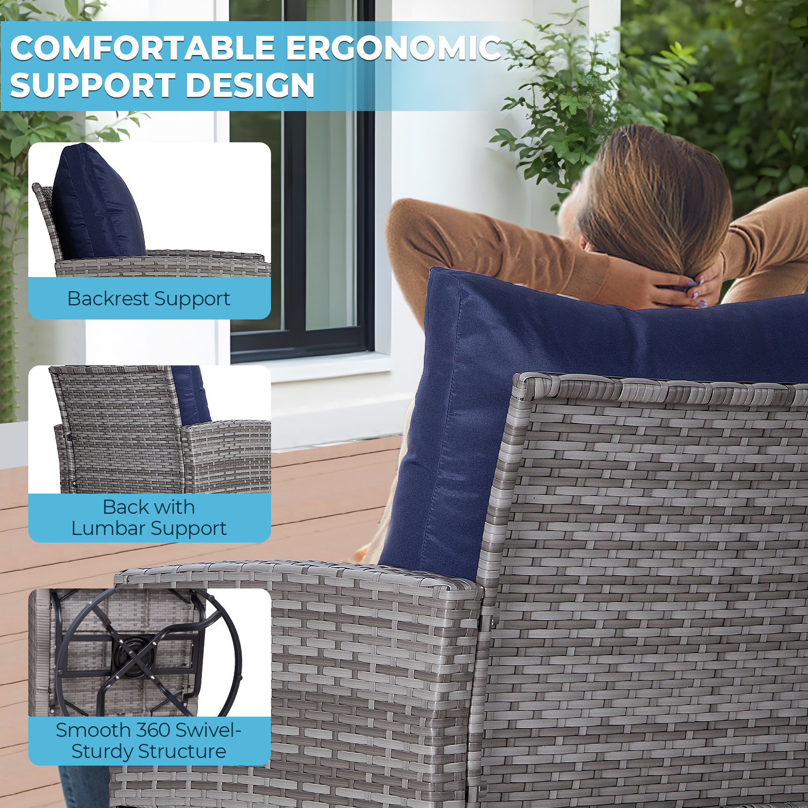 3-Piece Outdoor Swivel Chair Patio Set – 360° PE Rattan Chairs with Cushions & Glass Coffee Table, Gray/Beige/Blue/Dark Gray/Brown