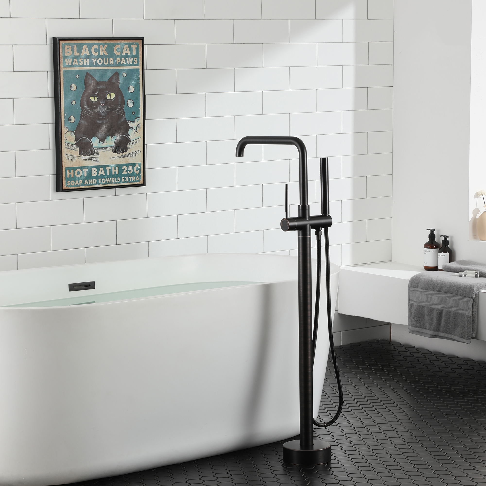 Waterfall Freestanding Bathtub Faucet with Hand Shower and Swivel Spout