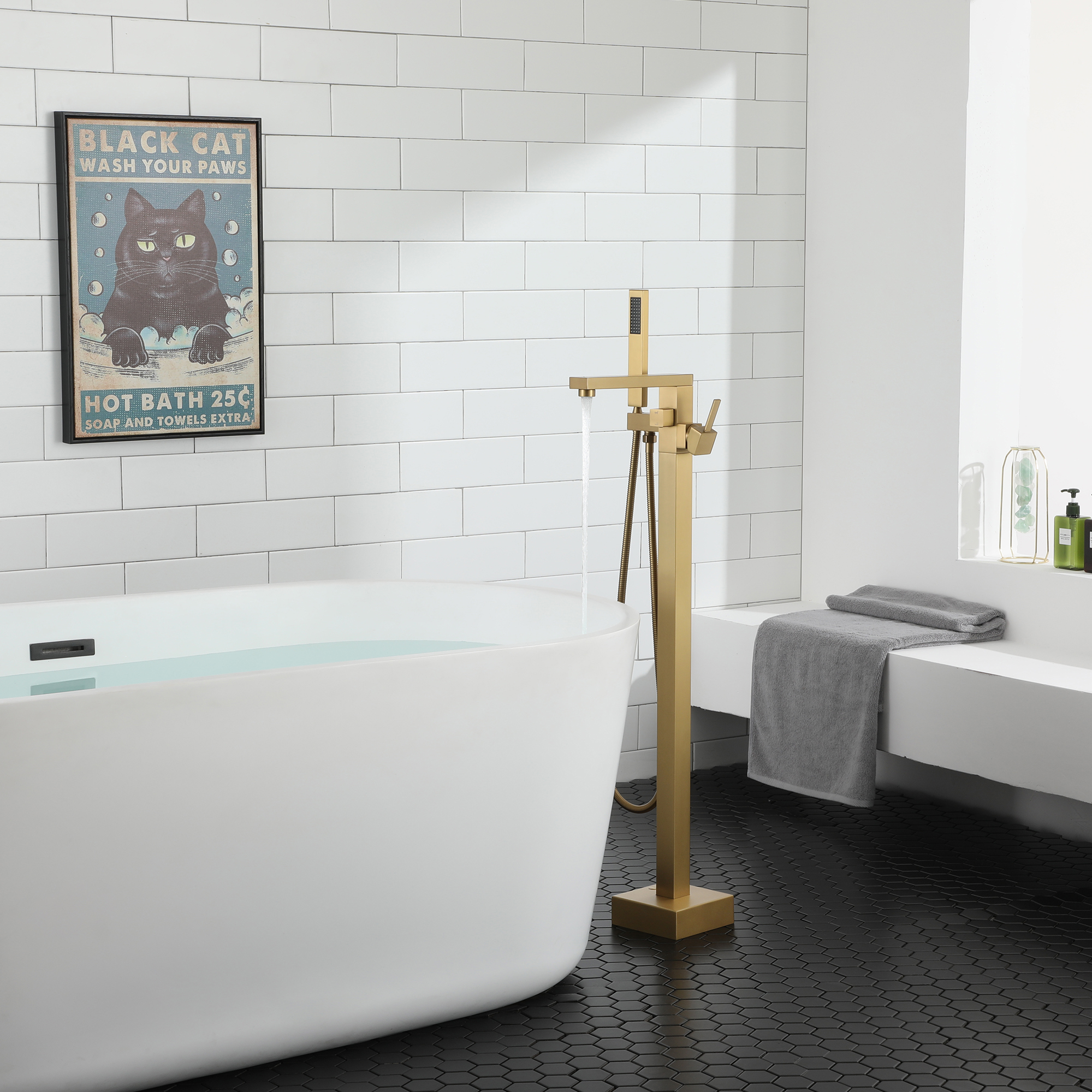 Brushed Brass Single-Handle Floor-Mounted Bathtub Faucet High Flow Bathroom Tub Filler with Hand Shower