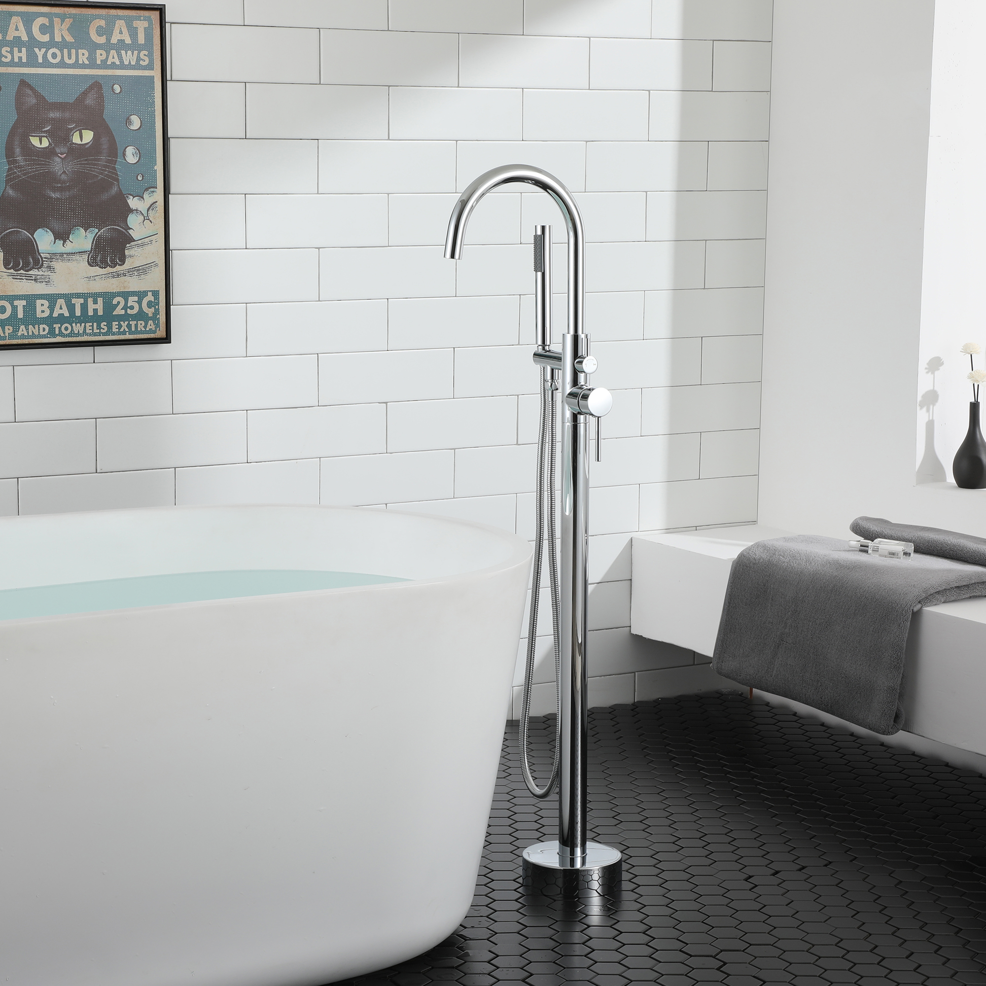 Modern Sleek Floor Mount 2-Handle Freestanding Tub Faucet with Hand Shower and Water Supply Hoses in. Chrome