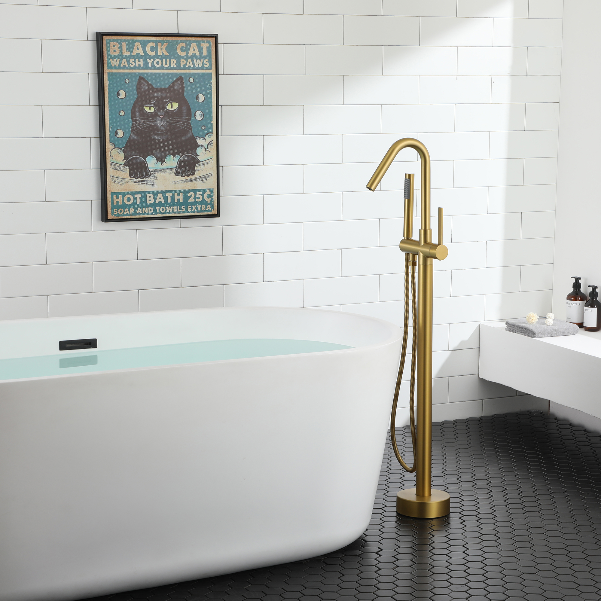 Freestanding Bathtub Faucet with Hand Shower, 360-Degree Swivel Spout, 2.7 GPM High Flow Rate Brushed Brass