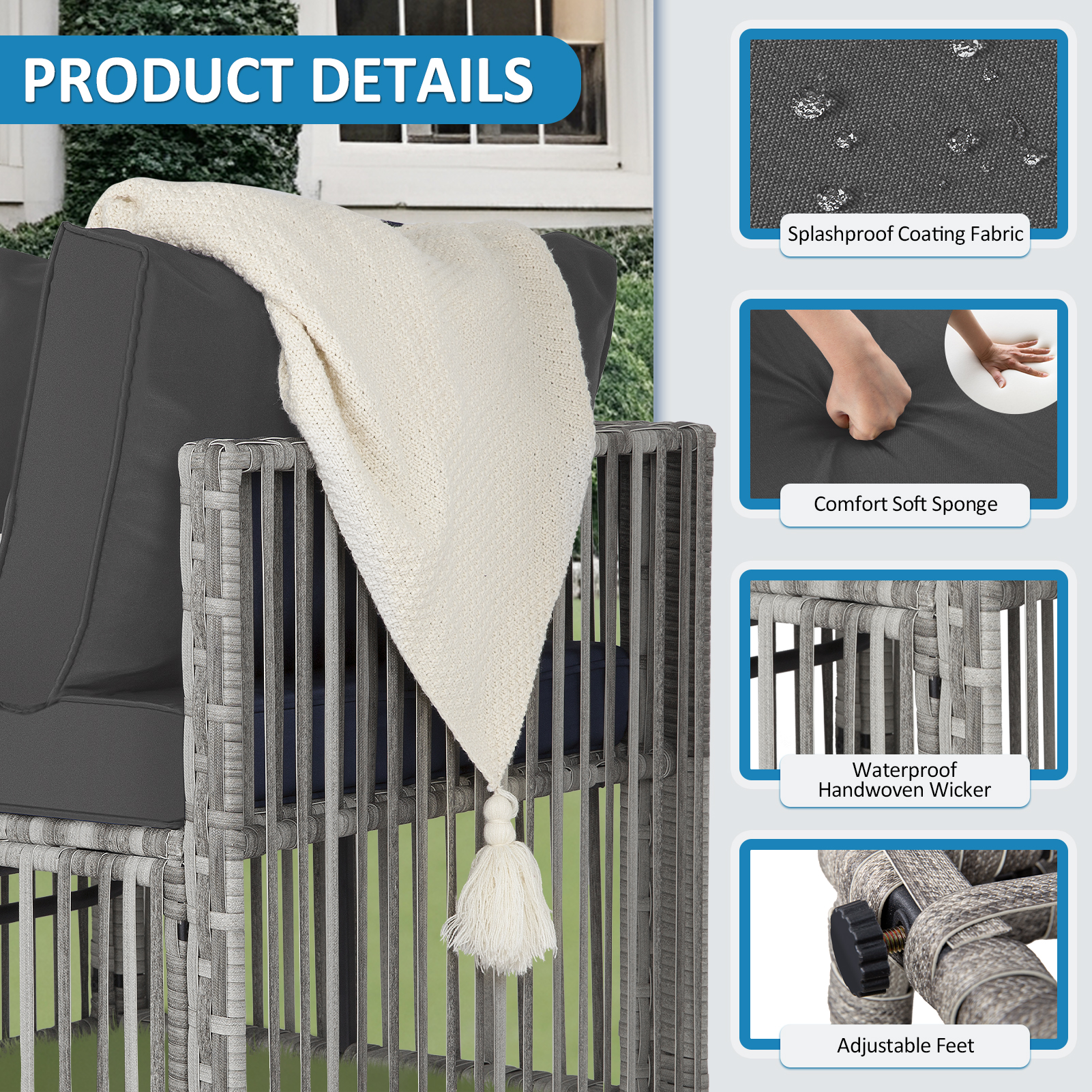 7-Piece Outdoor Patio Furniture Set – PE Rattan Sectional Sofa with Cushions & Coffee Table, All-Weather Wicker, Removable Covers，Gray/Blue/Brown