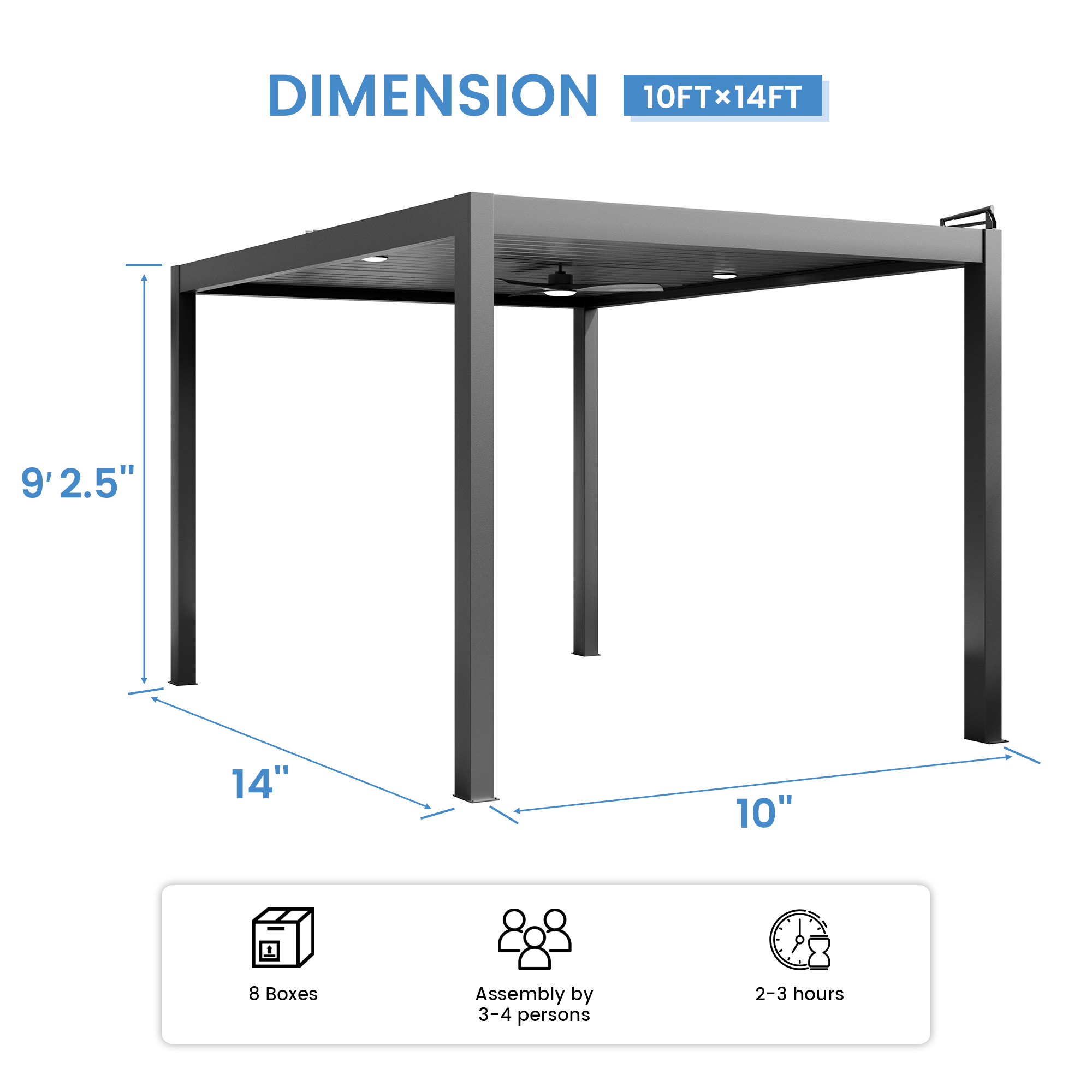 Aluminum Outdoor Pergola Gazebo with Adjustable Louvered Roof and Solar-Powered LED Lights – Modern Weather-Resistant Patio Shade Structure