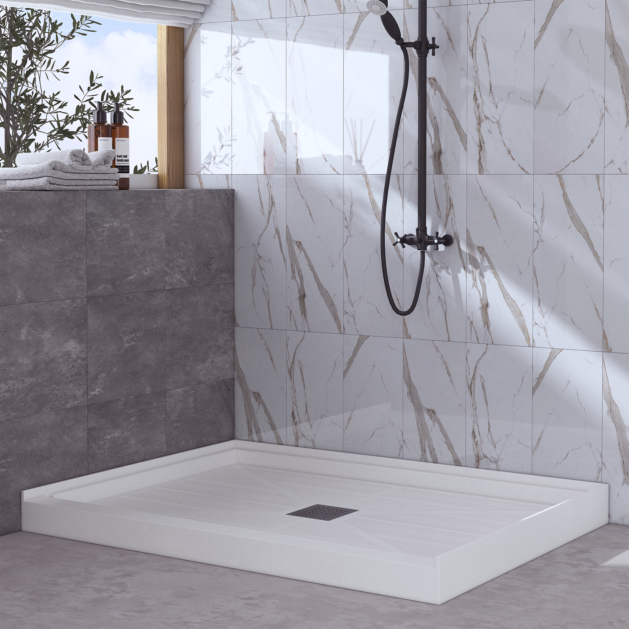 Rectangle Solid Surface White Shower Pan Base with Center Drain