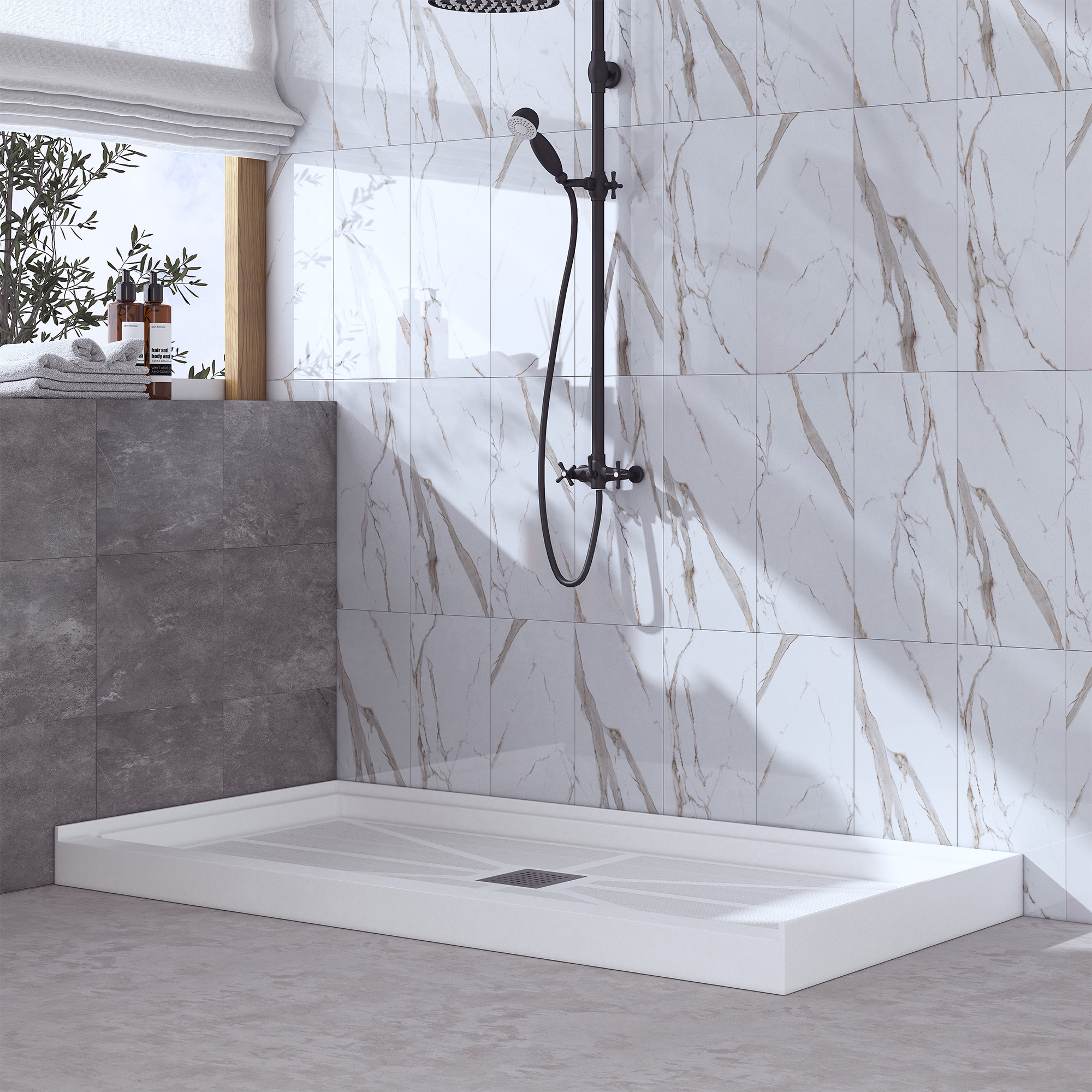 Rectangle Solid Surface White Shower Pan Base with Center Drain