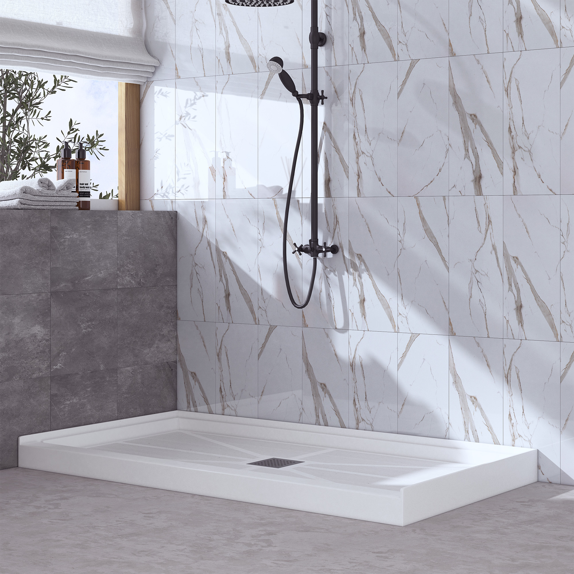 Rectangle Solid Surface White Shower Pan Base with Center Drain