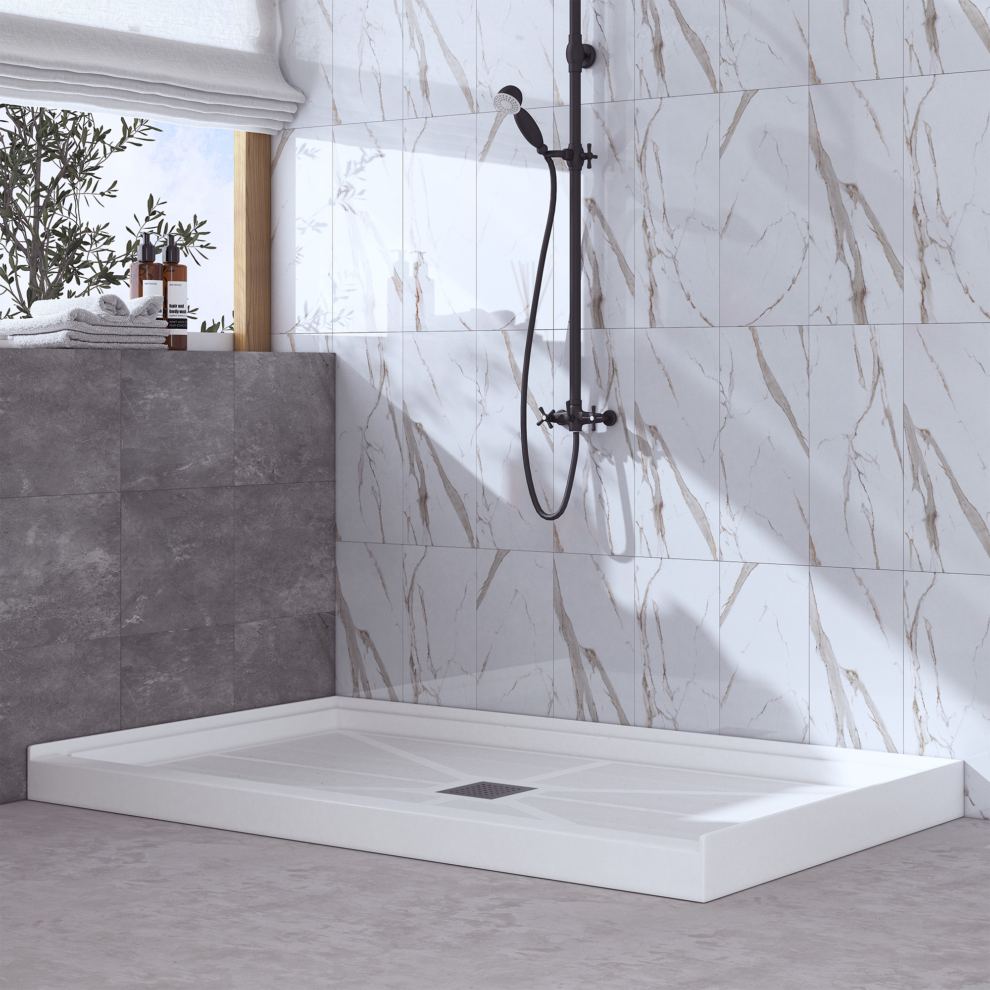Rectangle Solid Surface White Shower Pan Base with Center Drain