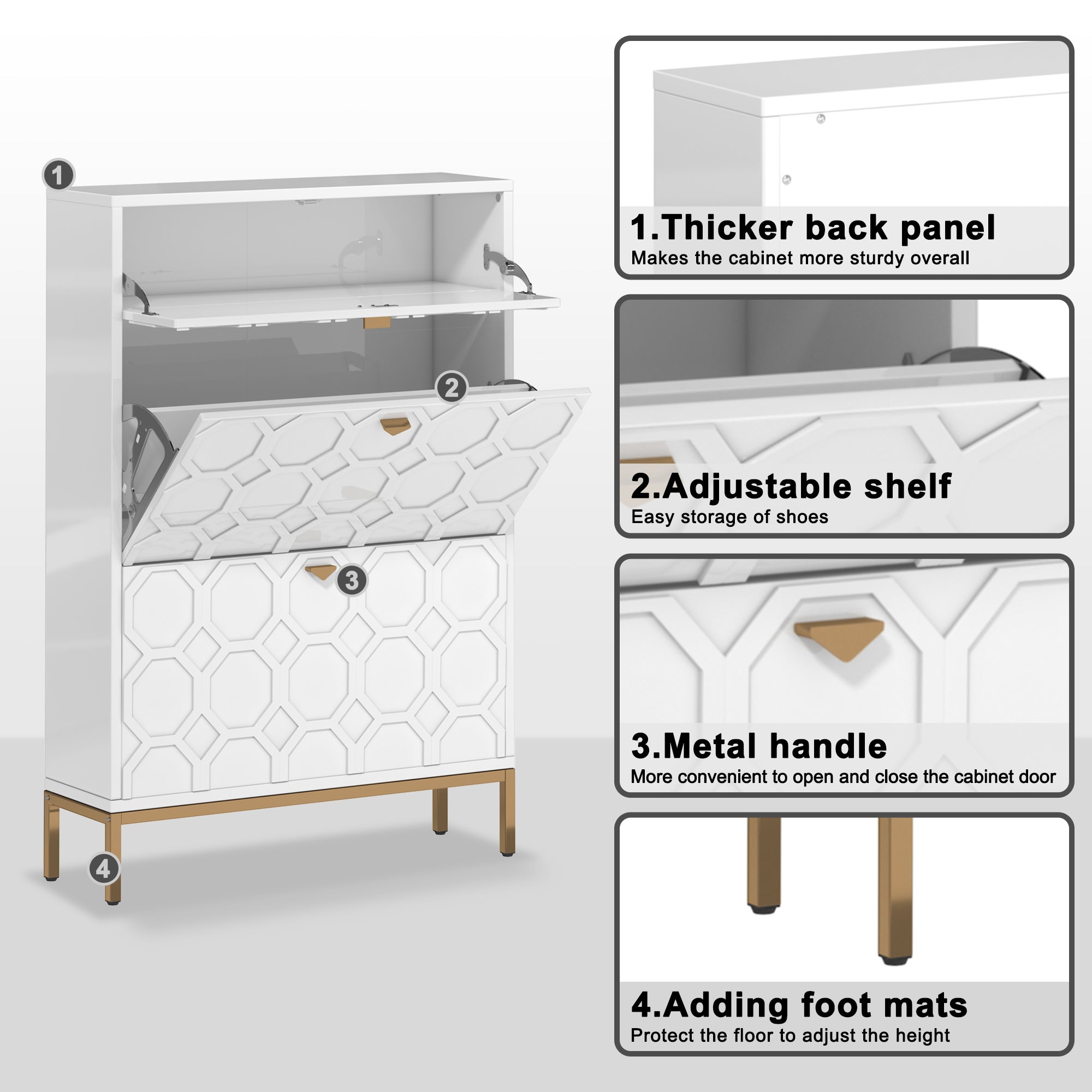 Boyel Living 46.5 in.H x 31.5 in.W White Shoe Storage Cabinet with Drawers and Golden Handle