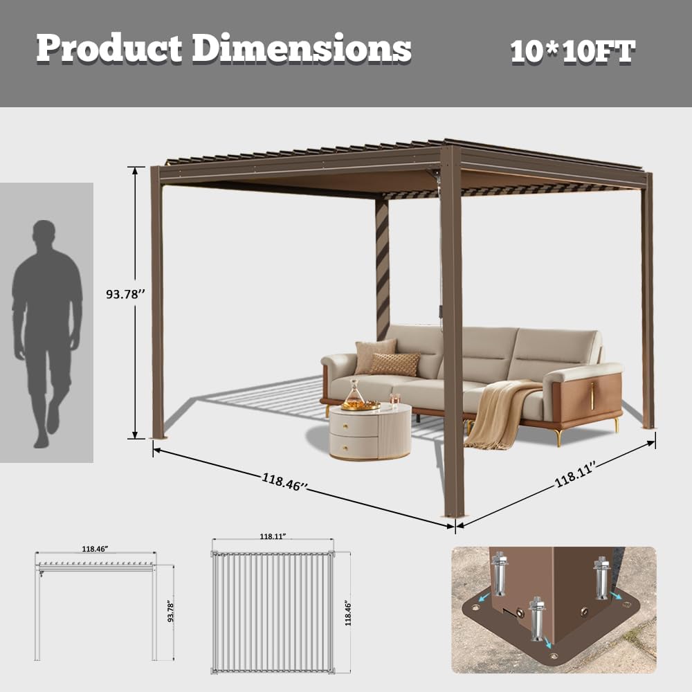 Louvered Pergola 10X10FT, Wood Grain Aluminum Pergola with Adjustable Roof, Wood Looking Aluminum Frame, Efficient Drainage System, Outdoor Pergola for Patio, Deck, Garden