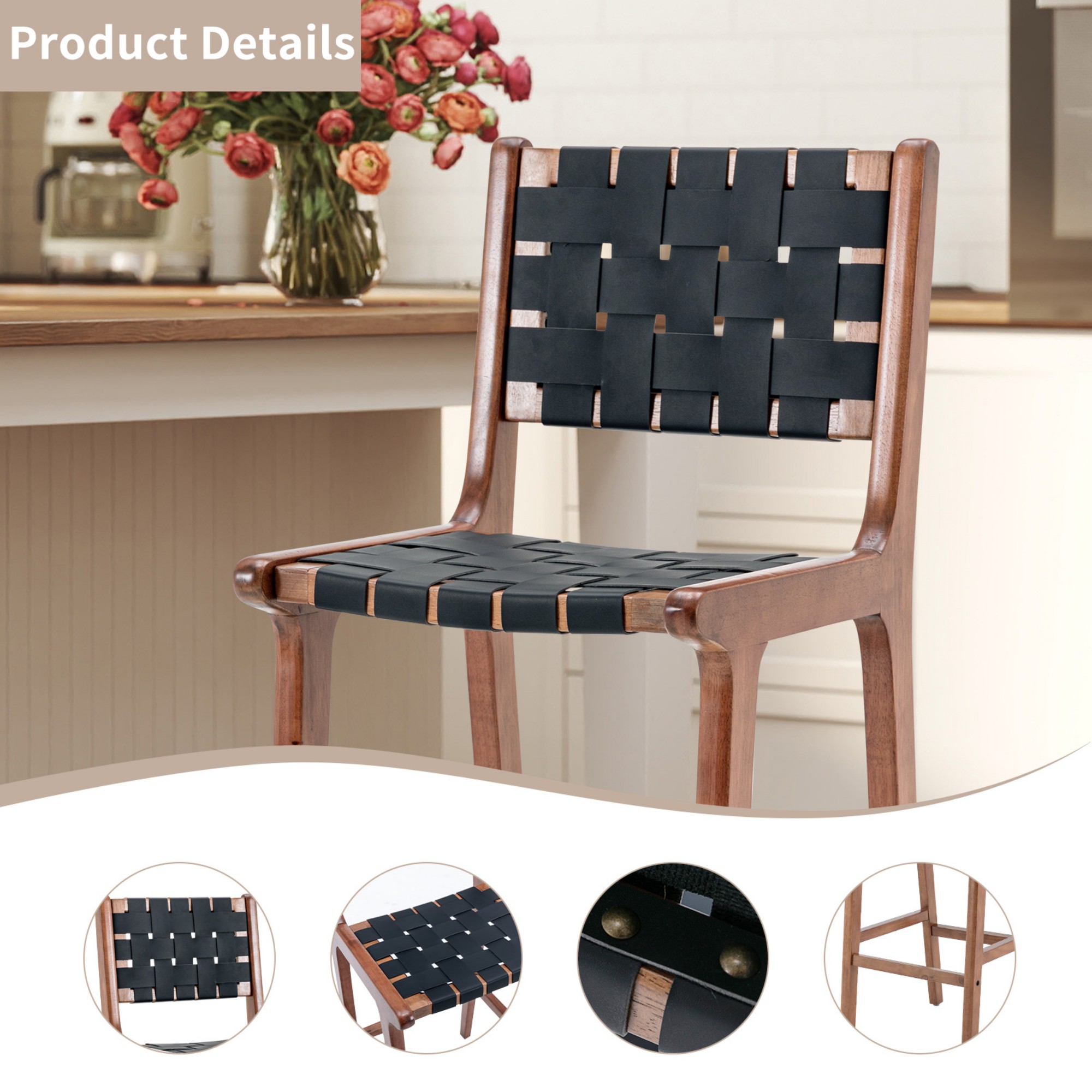 Woven Leather Bar Stool, Counter Height Bar Stools - Black