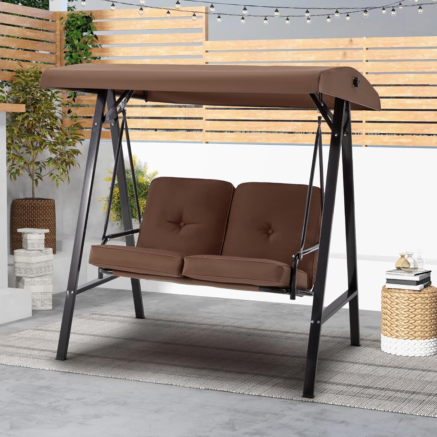 2-Person Metal Patio Swing with Canopy and Cushions in Brown/Black/Red