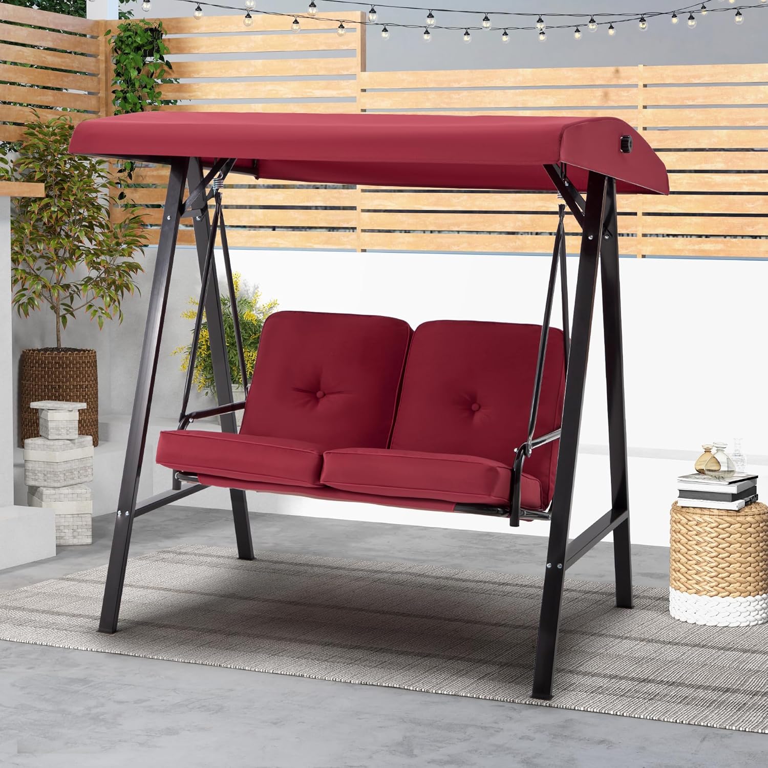 2-Person Metal Patio Swing with Canopy and Cushions in Brown/Black/Red