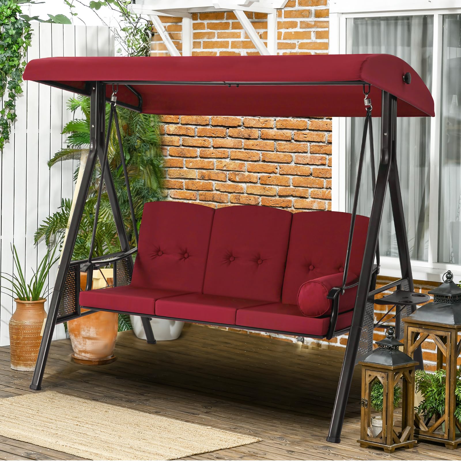 3-Person Metal Outdoor Patio Swing Chair In Navy Blue/Brown/Red/Black With Canopy And Cushions