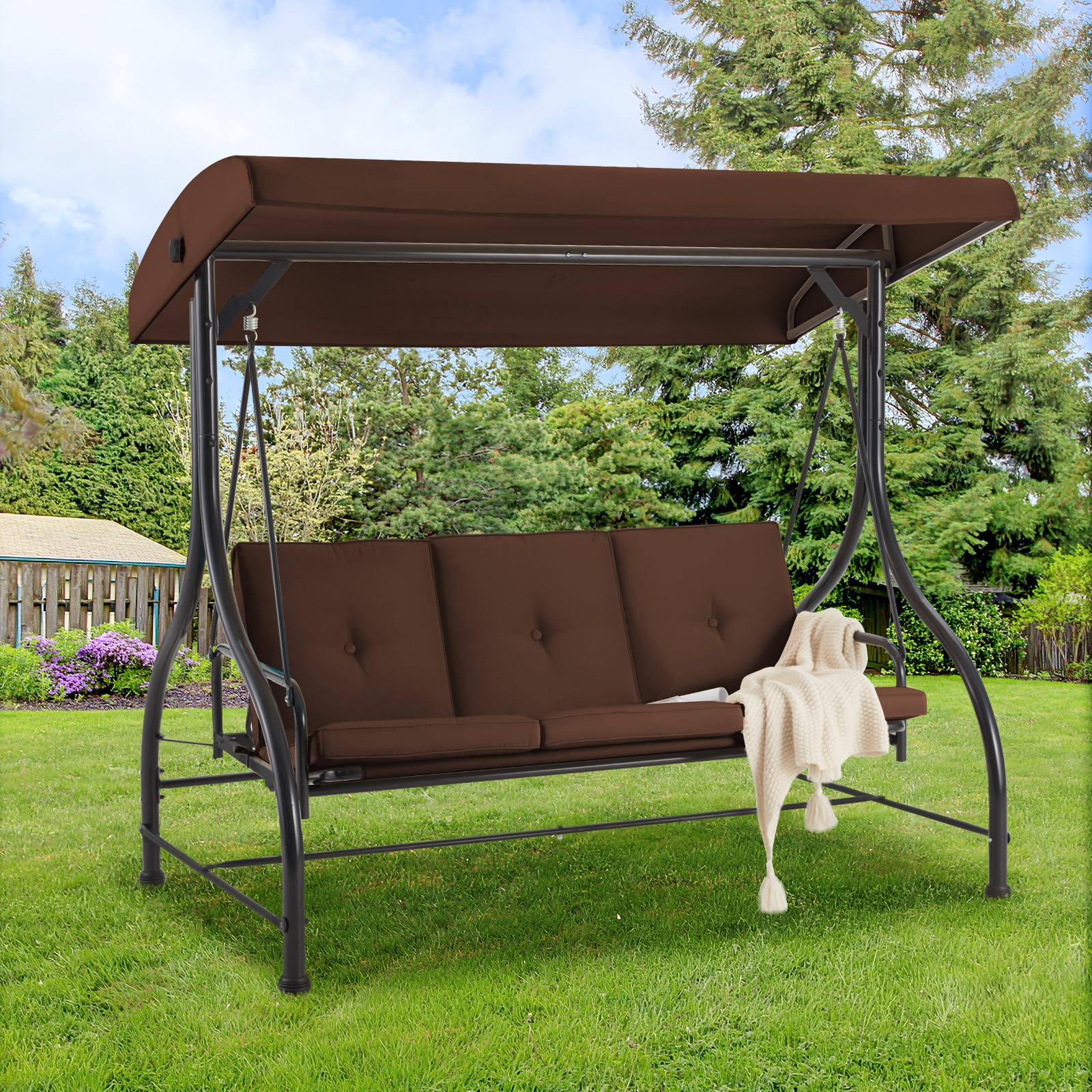 3-Seat Heavy-Duty Metal Patio Swing With Plush Black/Brown/Navy Blue/Red Cushions – Perfect For Relaxing Outdoors