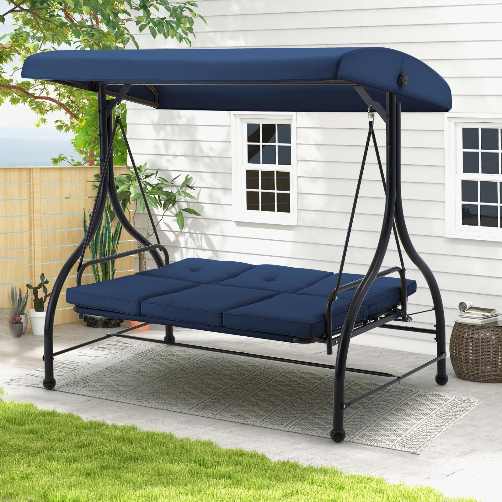 3-Seat Heavy-Duty Metal Patio Swing With Plush Black/Brown/Navy Blue/Red Cushions – Perfect For Relaxing Outdoors