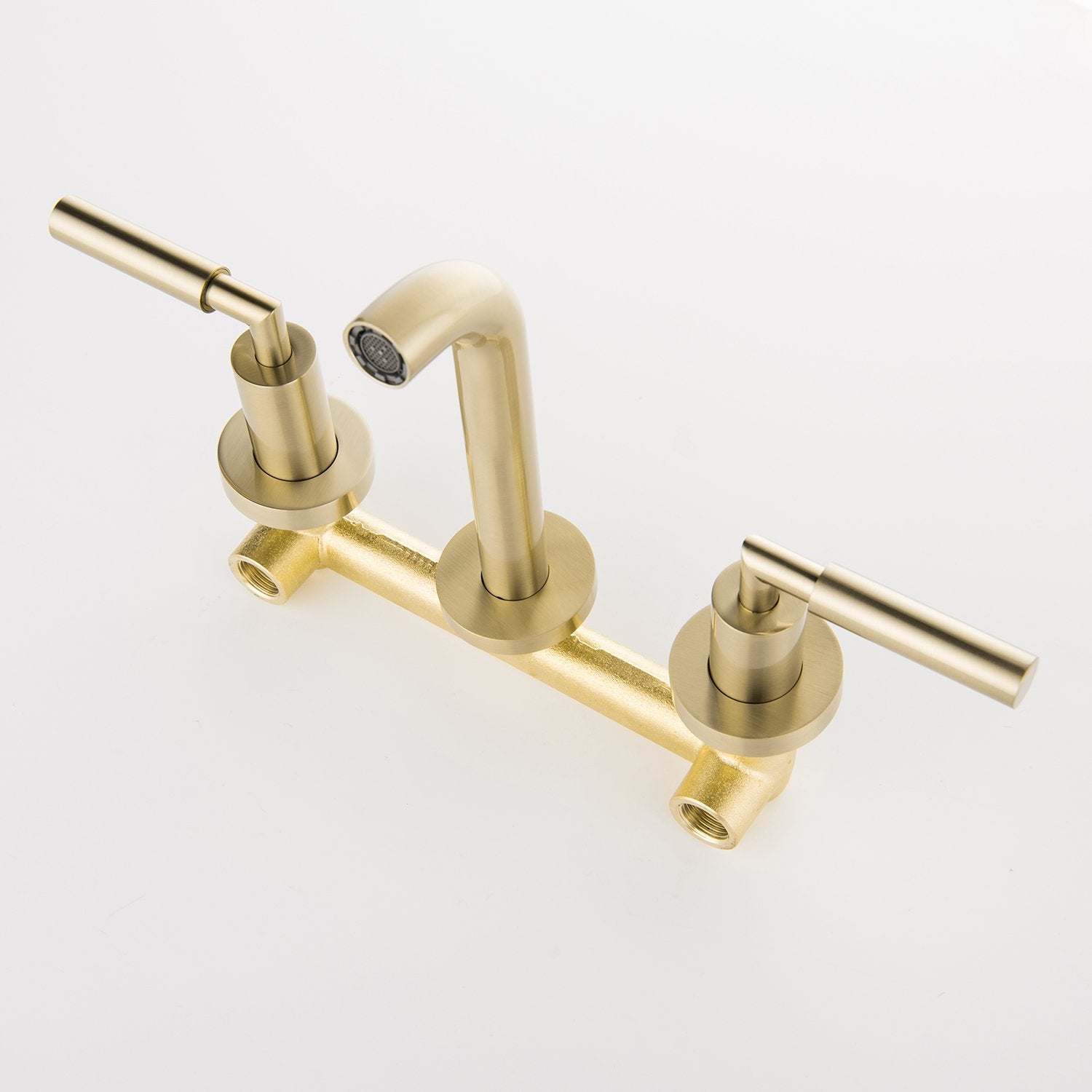 Modern 2-Handle 3-Hole Brass Wall Mounted Bathroom Faucet in Brushed Gold