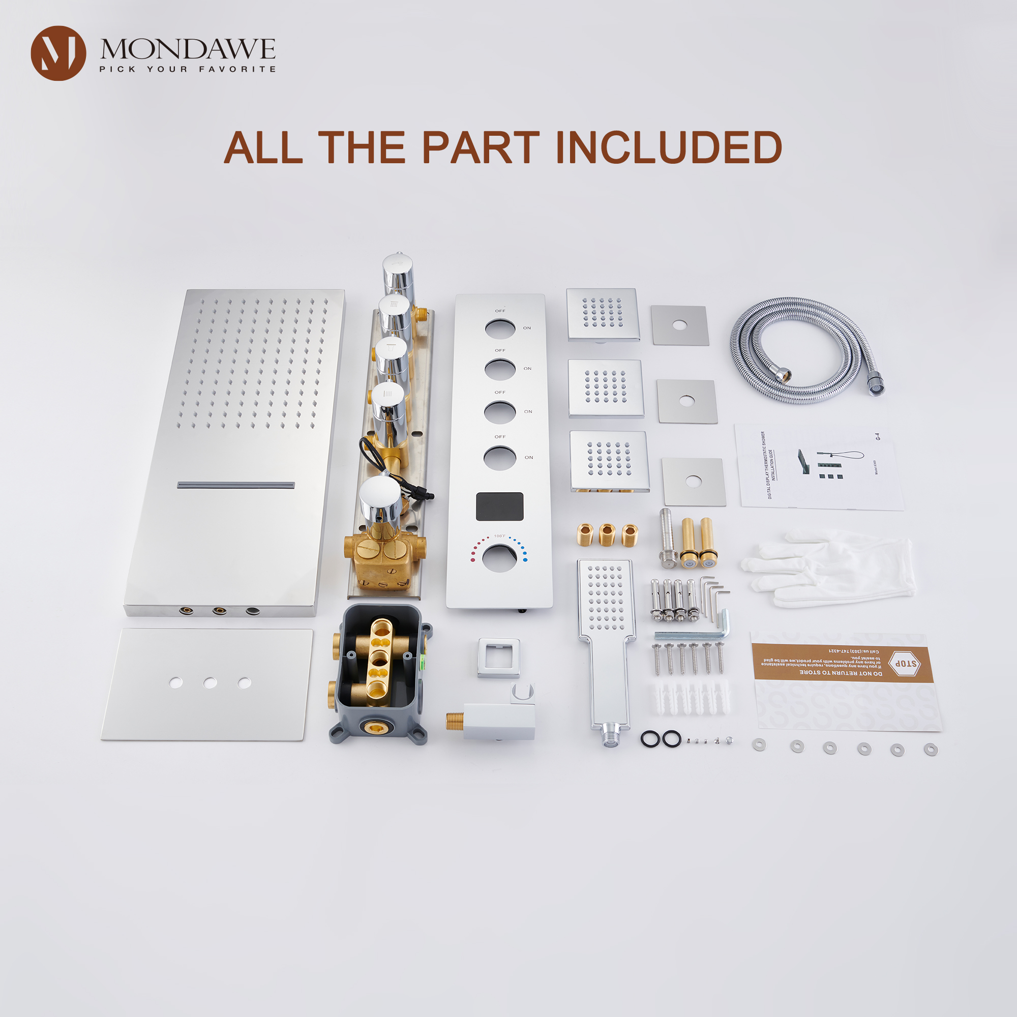 CH-Mondawe Luxury Rain Dual Shower Heads Wall Mounted 22 in. with Digital Temperature Display 4 Spray Patterns Thermostatic and 3 Body Jets-Mondawe