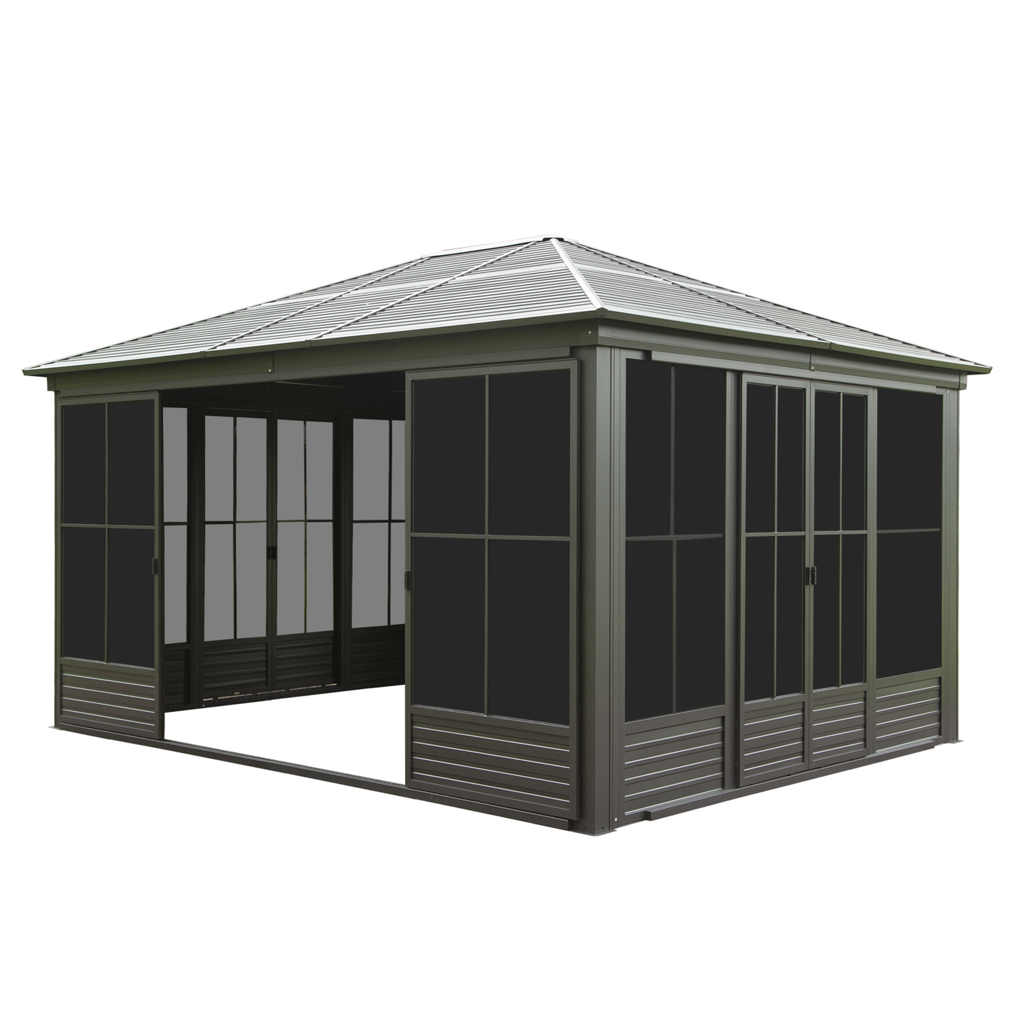 Four Season Solarium Aluminum Hardtop Gazebo with Galvanized Steel Roof, Movable PVC Screen Walls, Sliding Doors, Sun Room Pavilion Gazebo for Patio Deck Backyard, Gray