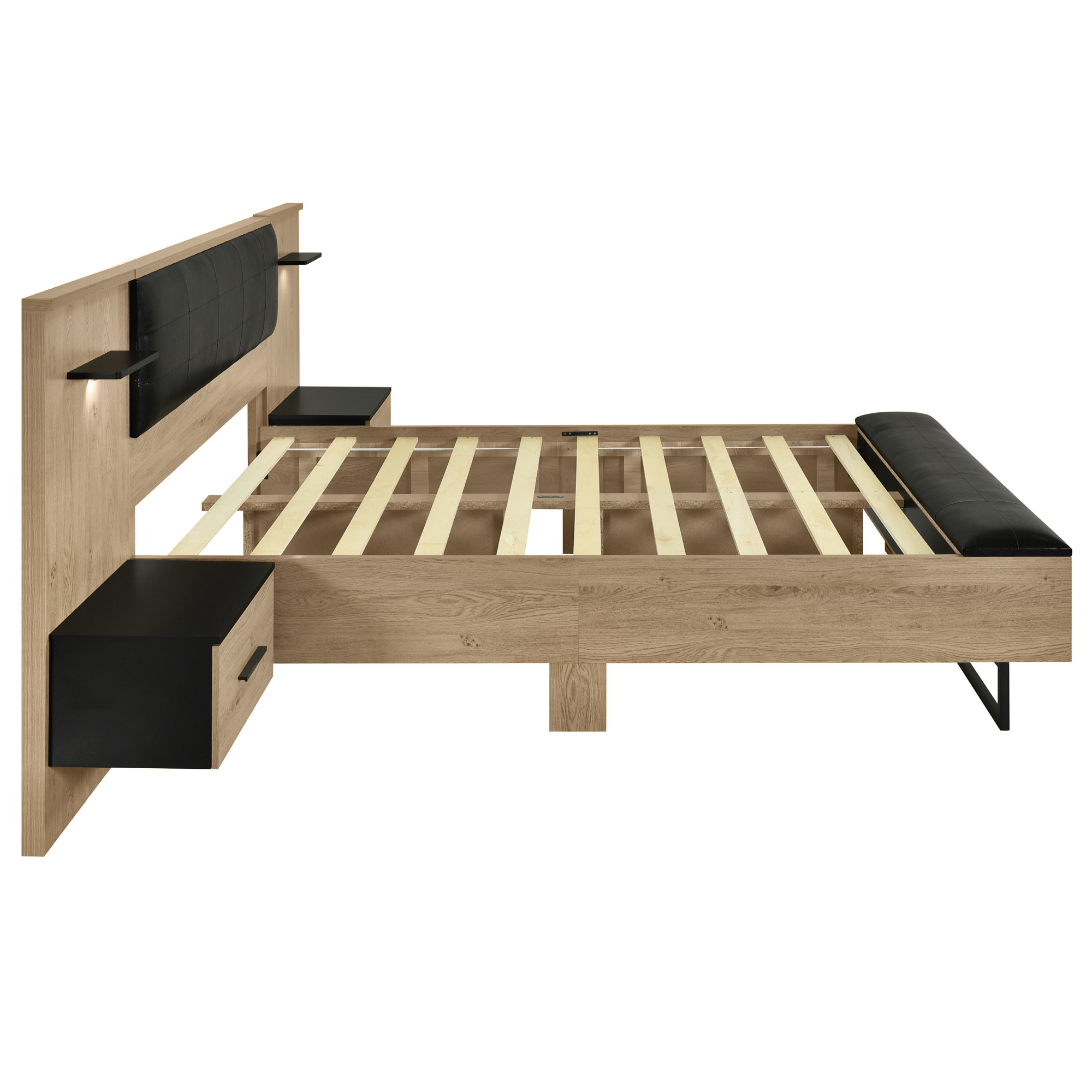 Queen Size Wood Platform Bed with Upholstered Headboard, Lights and Storage Nightstand, Bench, Walnut 