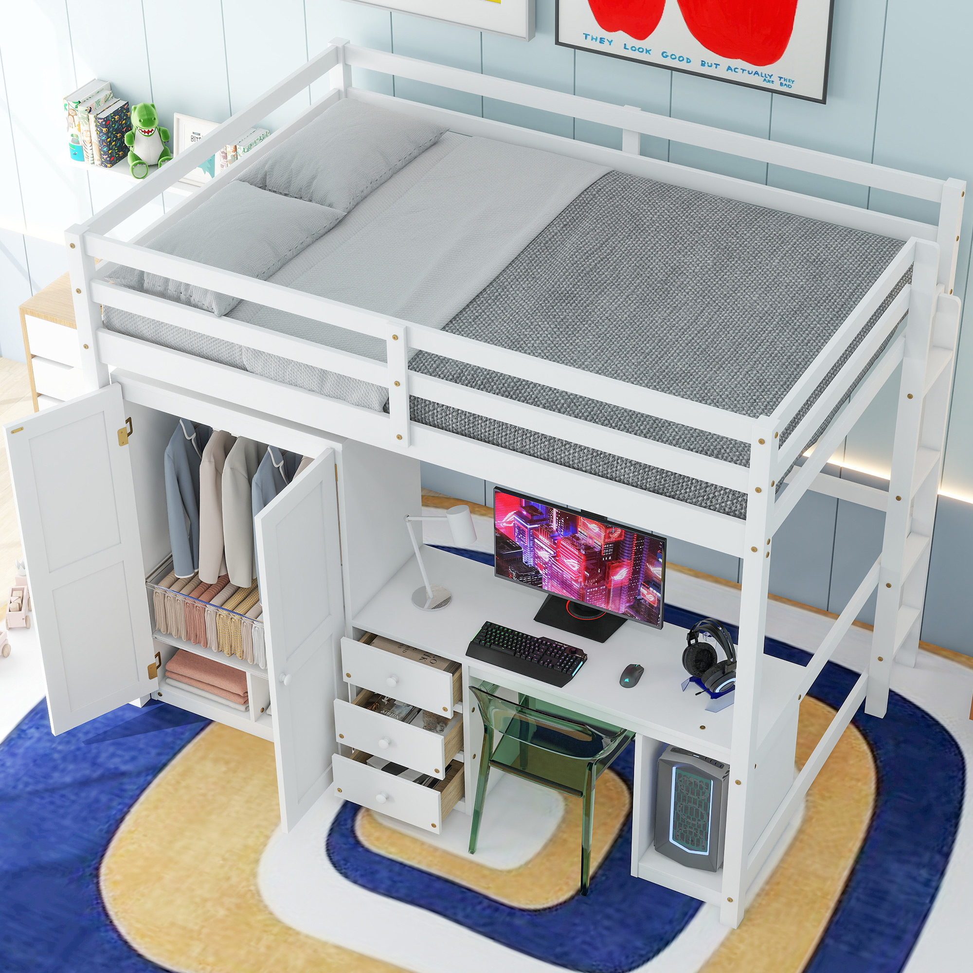 Full/Twin Size Loft Bed with Wardrobe, Desk and Storage Drawers, Gray/White