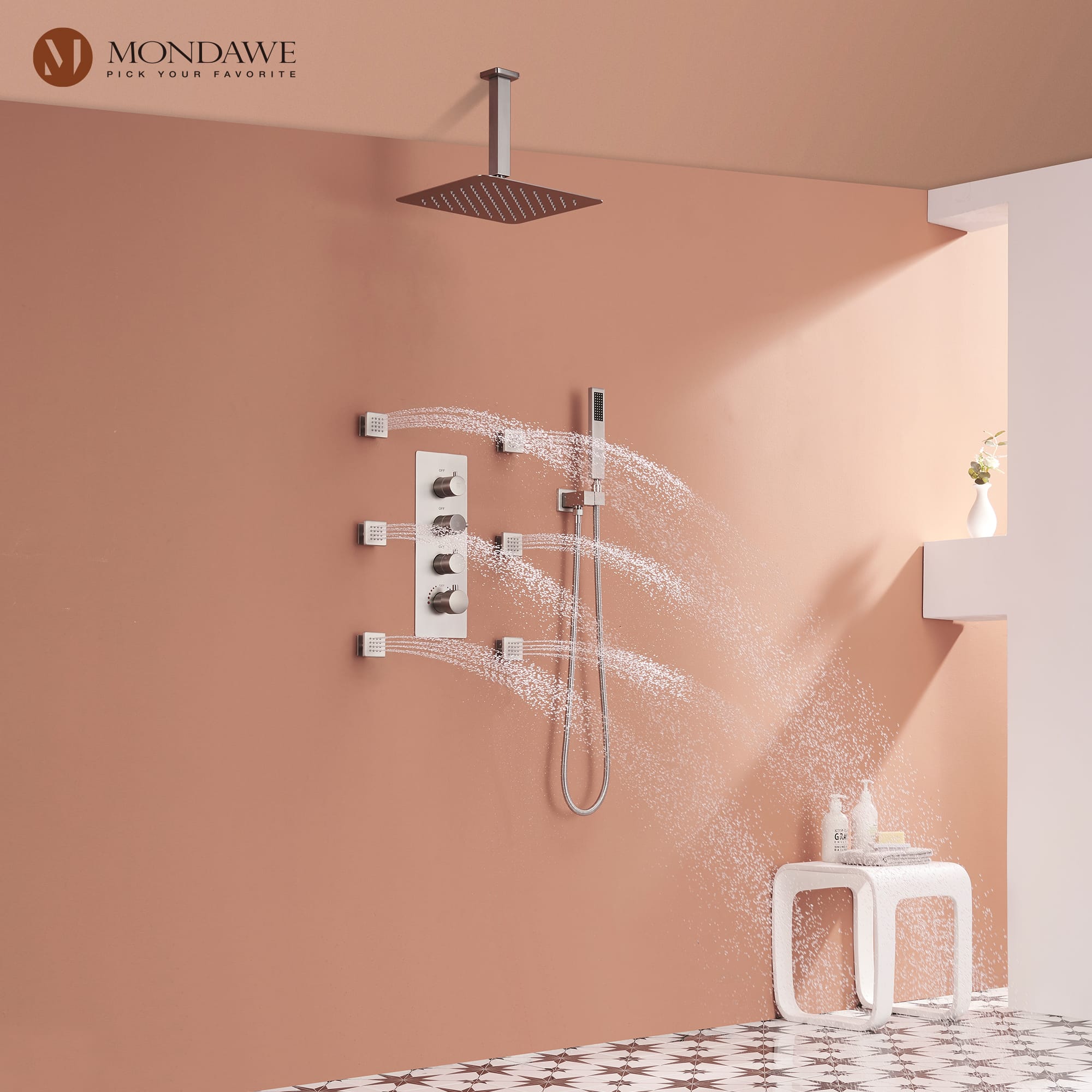 Mondawe Ceiling Mount Thermostatic Rainfall Shower System Set with Hand Held Shower Head and 6 Body Jets-Mondawe