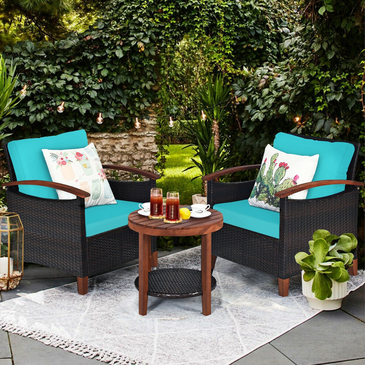 Mondawe 3 Pcs Solid Wood Frame Patio Rattan Furniture Set-Turquoise-Mondawe