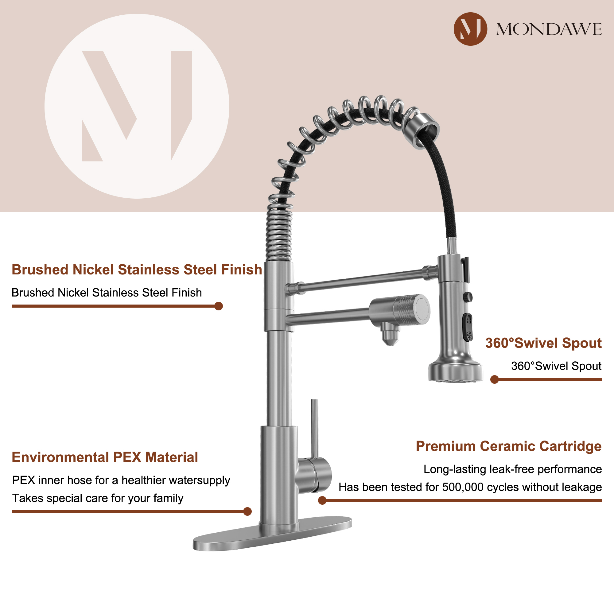 Mondawe 1.8 gpm Lead-Free Copper Brass Single Handle Pull Down Kitchen Faucet for Bar Laundry Kitchen Sink-Mondawe