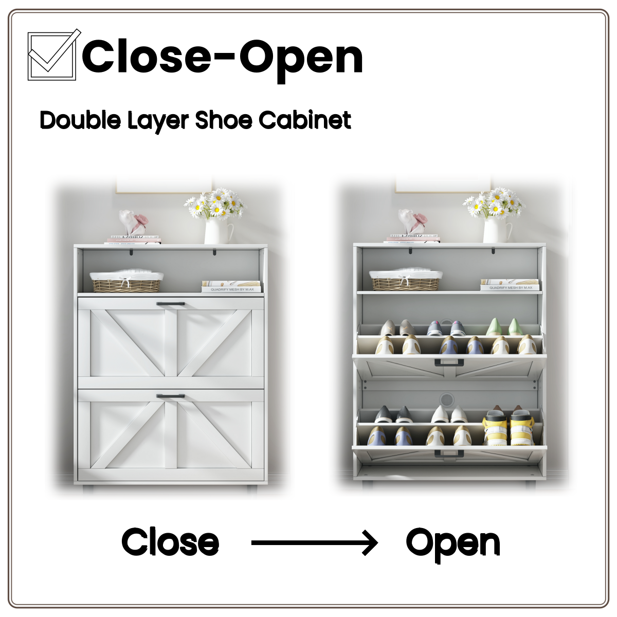 Farmhouse Shoe Storage Cabinet with Barn Door Design, Shoe Organizer with 2 Flip Drawers, Freestanding Narrow Shoe Rack Cabinet with Open Storage for Entryway,Foyer,Hallway,(Antique White/Natural Wood) 