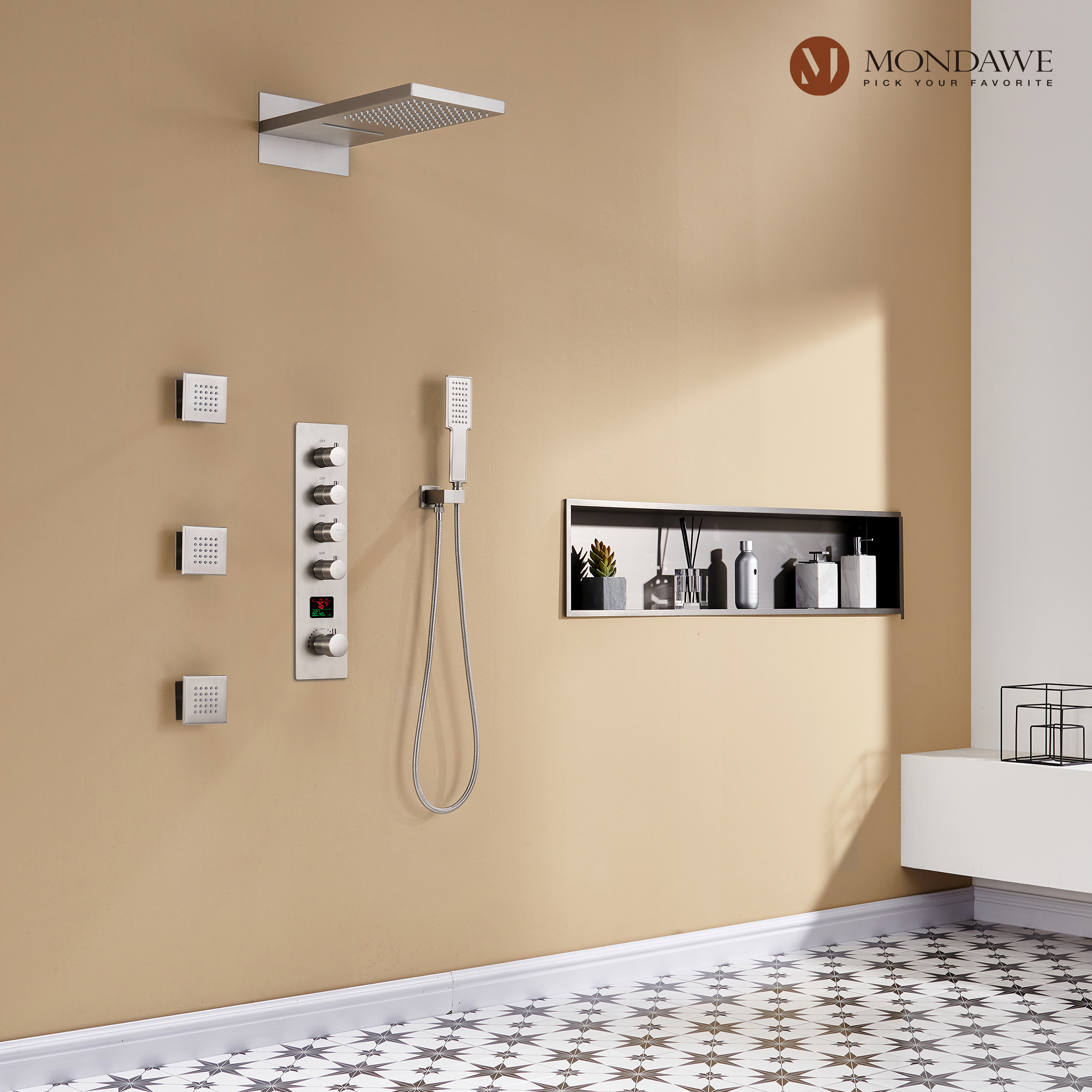 Mondawe Luxury Rain Dual Shower Heads Wall Mounted 22 in. with Digital Temperature Display 4 Spray Patterns Thermostatic and 3 Body Jets-Mondawe