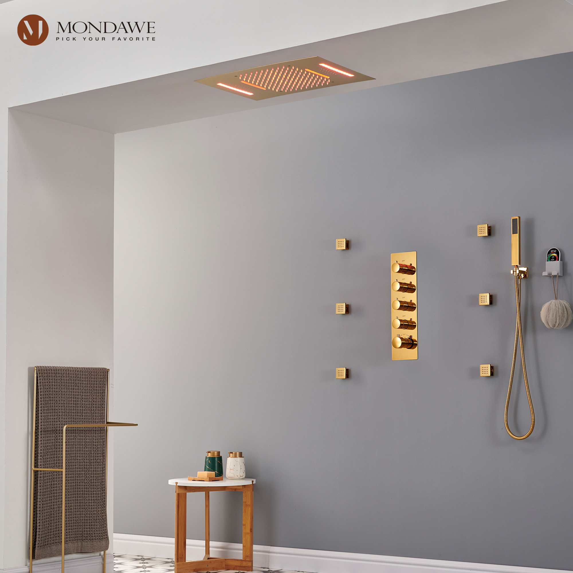 Mondawe Luxury 4-Way Thermostatic Shower System with LED and Music Player-Mondawe