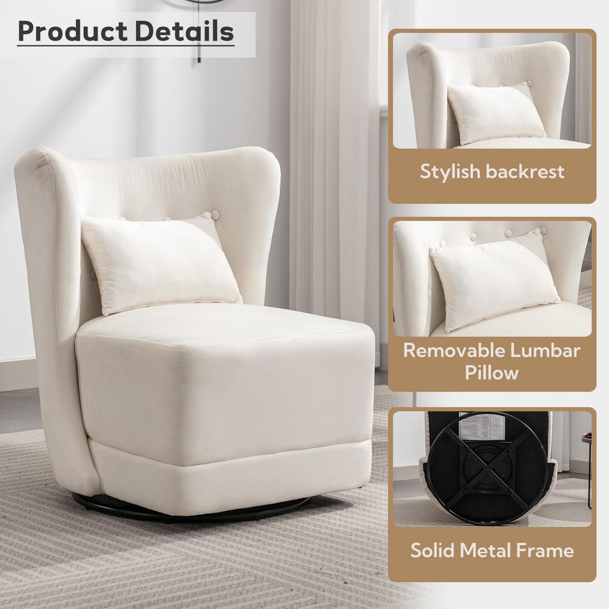 Modern Armless Chair, 360° Swivel Lounge Chair with Back Pillow, for Living Room Bedroom