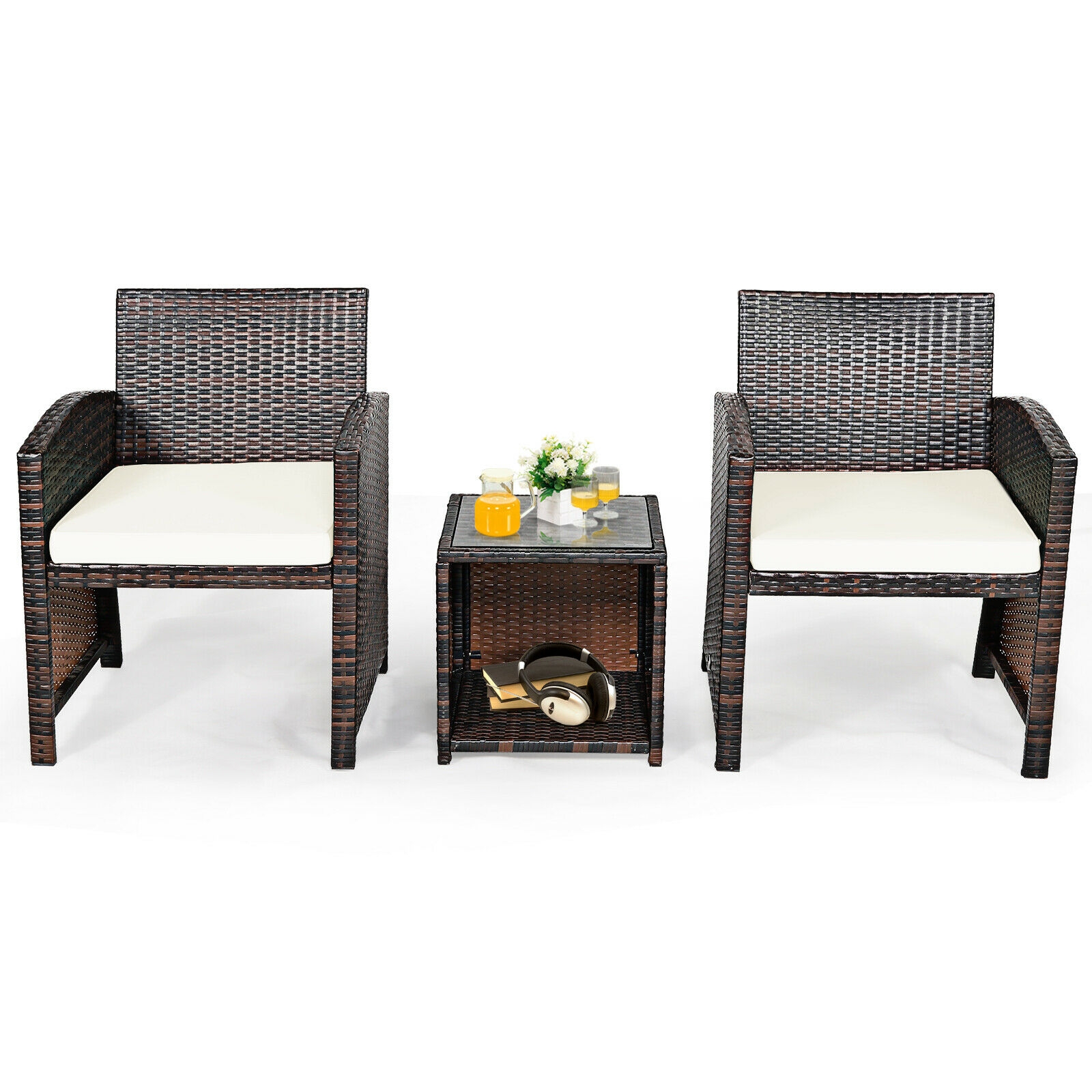 Mondawe 3 Pieces PE Rattan Wicker Furniture Set with Cushion Sofa Coffee Table for Garden-White-Mondawe