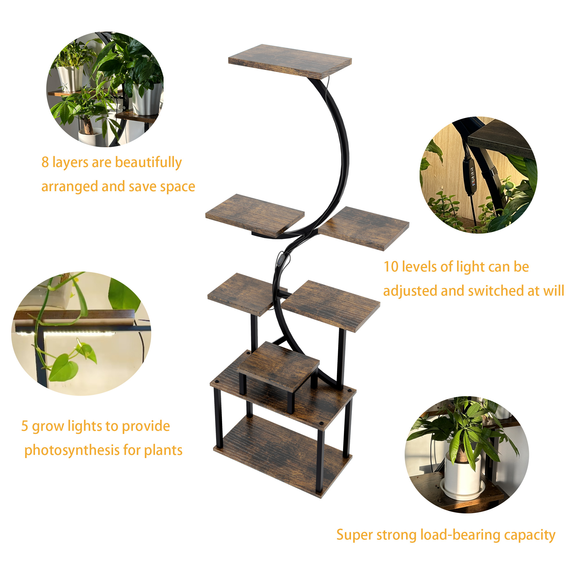 8-Tiered Indoor Plant Stand with 5 Grow Lights, 10-Level Stepless Dimming, Durable Thickened Metal Steel Pipe (0.8mm) for Living Room, Garden 