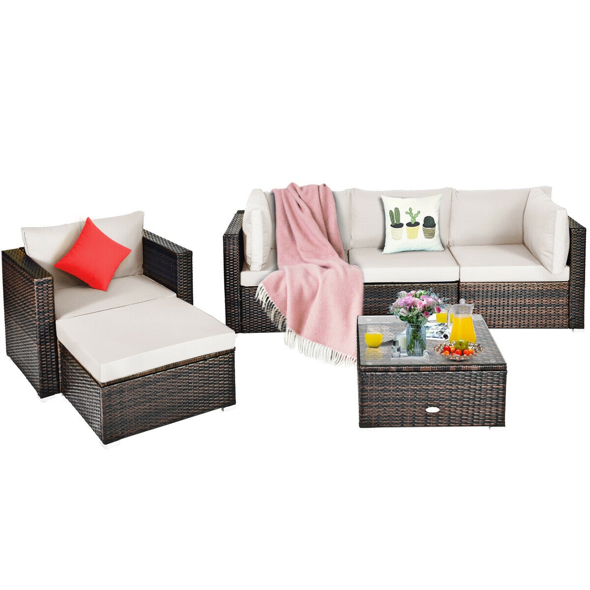 Mondawe 6 Pcs Patio Rattan Furniture Set with Sectional Cushion-White-Mondawe