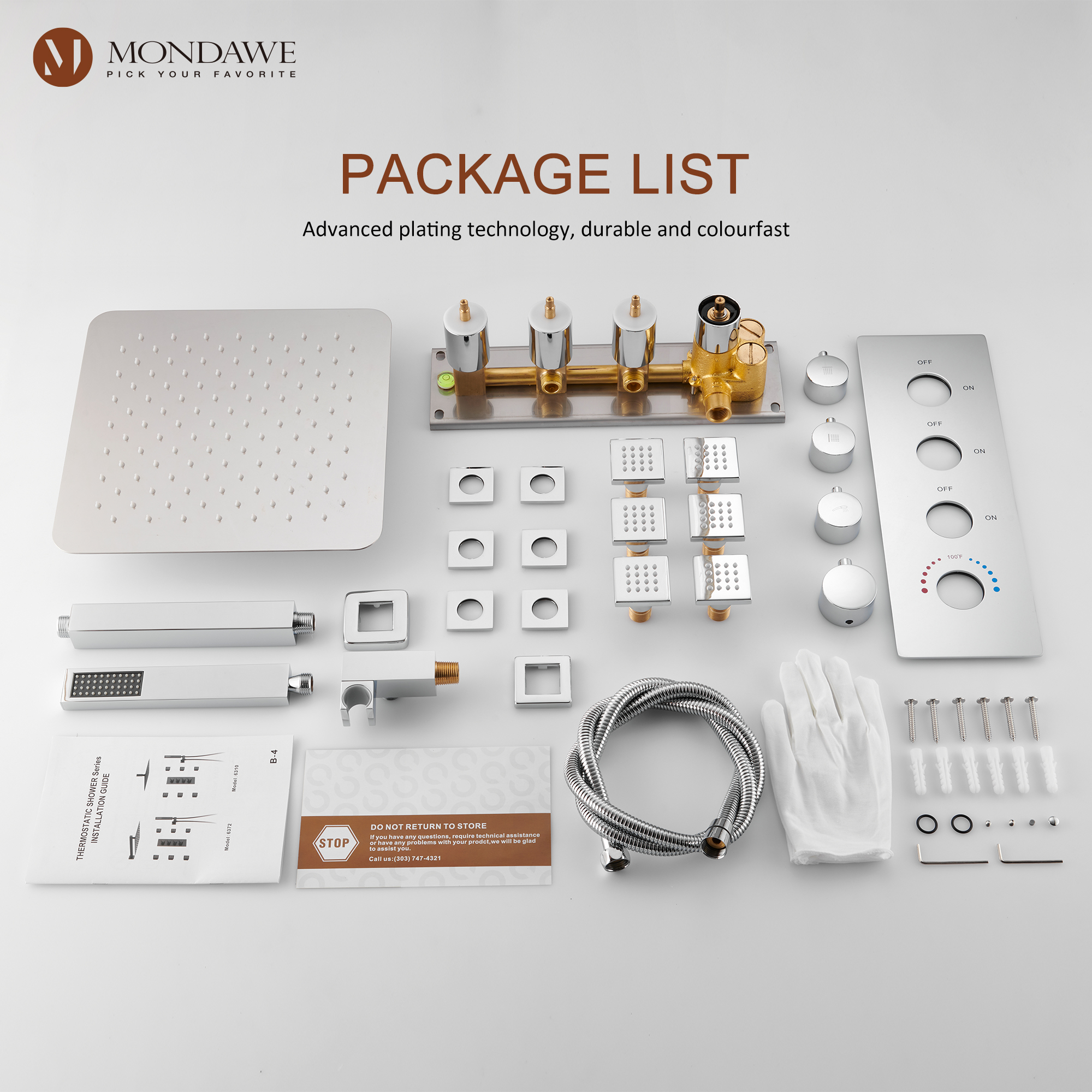 Mondawe Ceiling Mount Thermostatic Rainfall Shower System Set with Hand Held Shower Head and 6 Body Jets-Mondawe