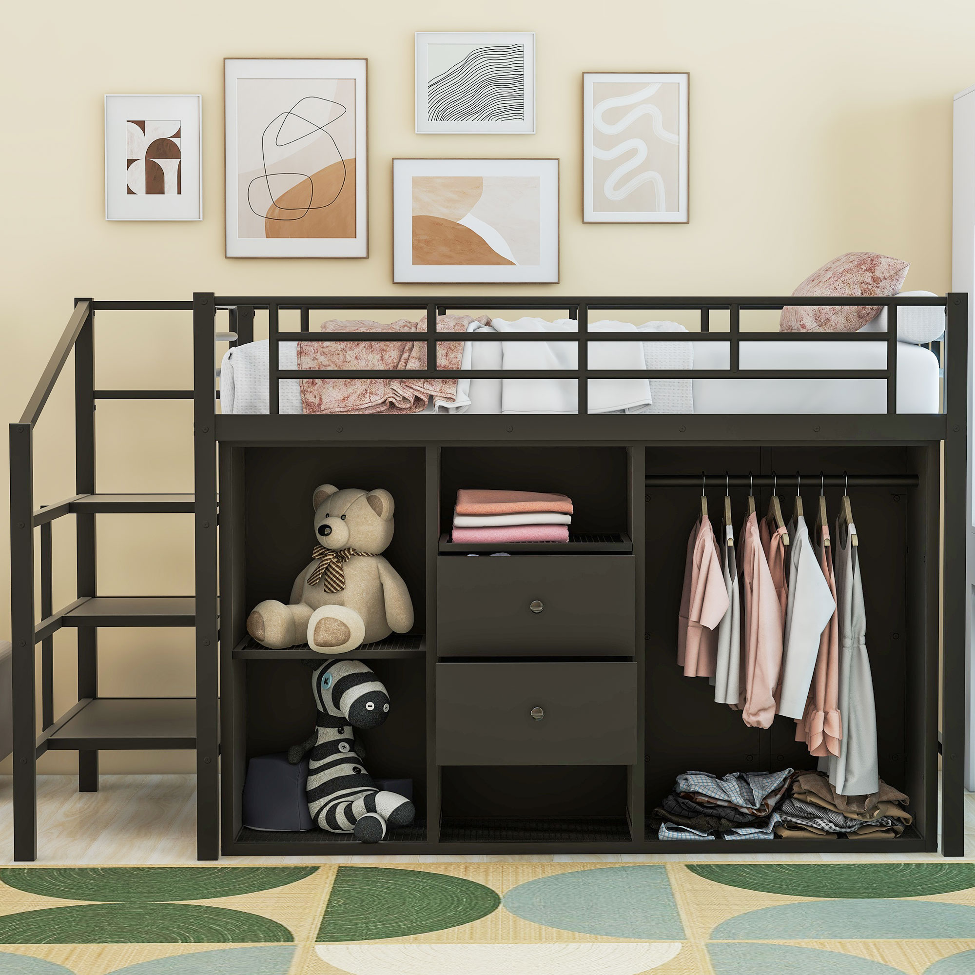 Full/Twin Size Metal Loft Bed with Drawers, Storage Staircase and Small Wardrobe