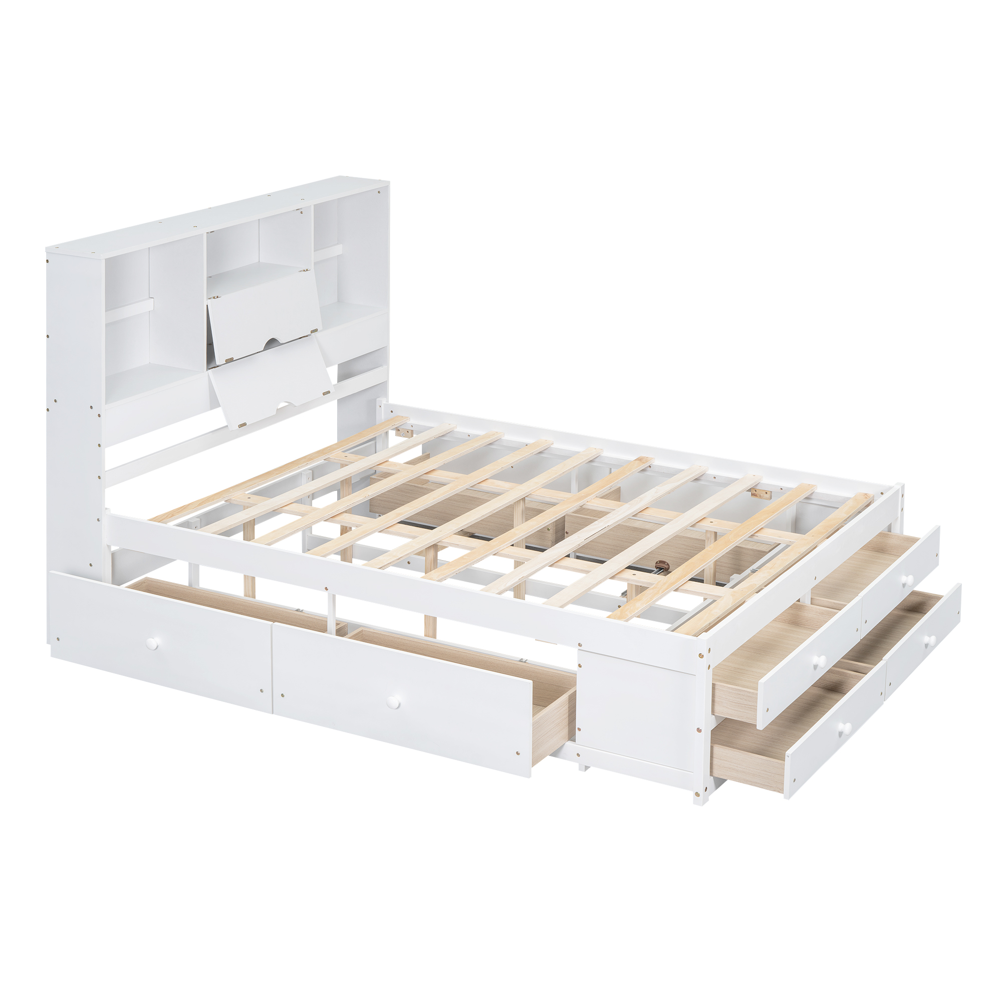Queen/King Size Platform Bed with Storage Headboard and 8 Drawers, White/Gray