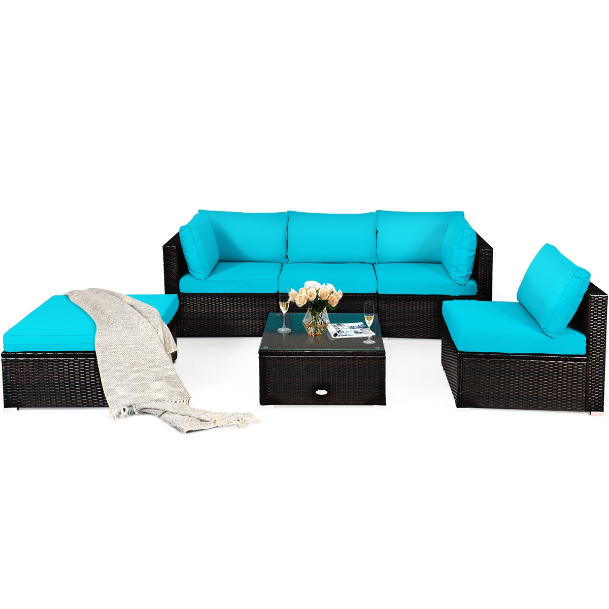Mondawe 6 Pieces Outdoor Patio Rattan Furniture Set Sofa Ottoman-Turquoise-Mondawe