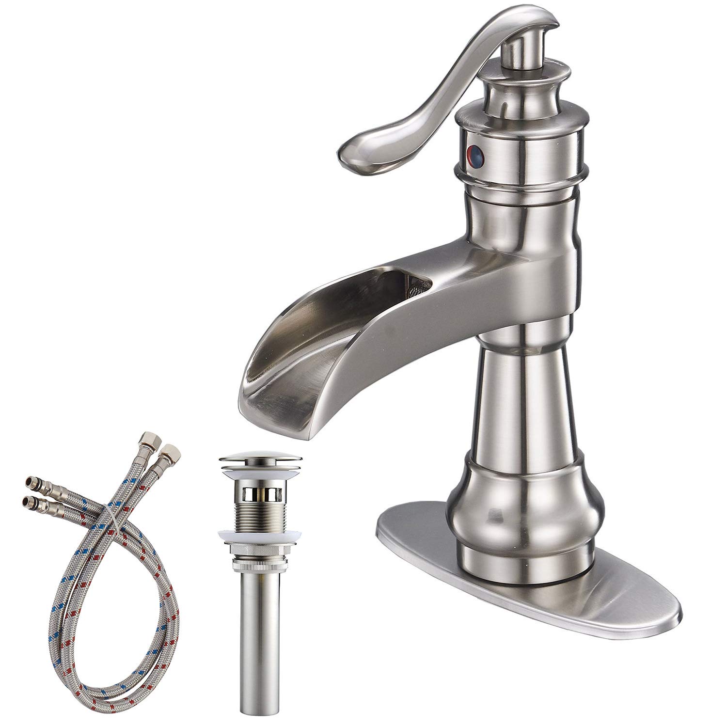 Single Handle Single Hole Bathroom Faucet with Deckplate Included, Pop Up Drain and Water Supply Hoses in Brushed Nickel/Oil Rubbed Bronze