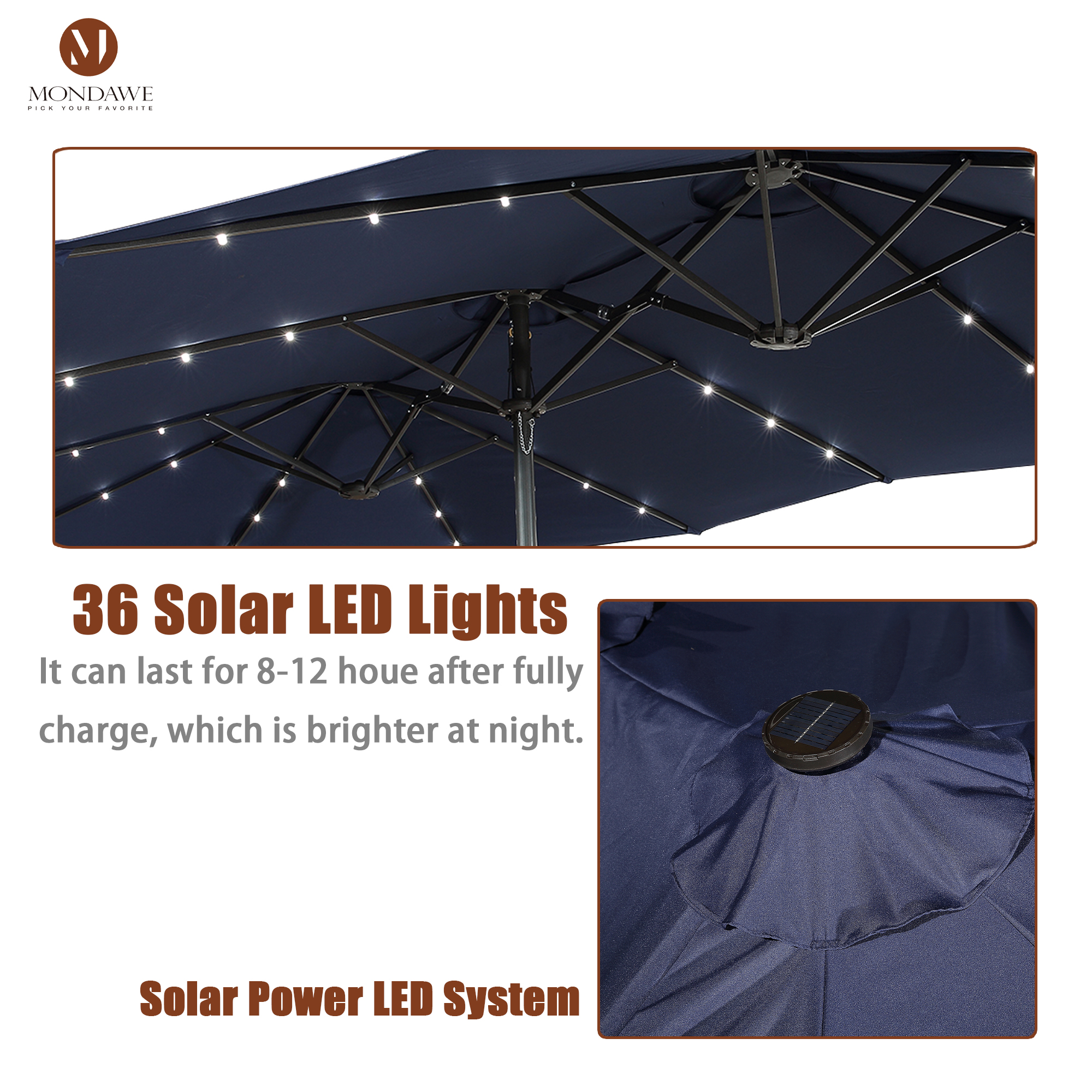 Mondawe 15ft Rectangular Patio Umbrella with Base and LED Lights-Mondawe