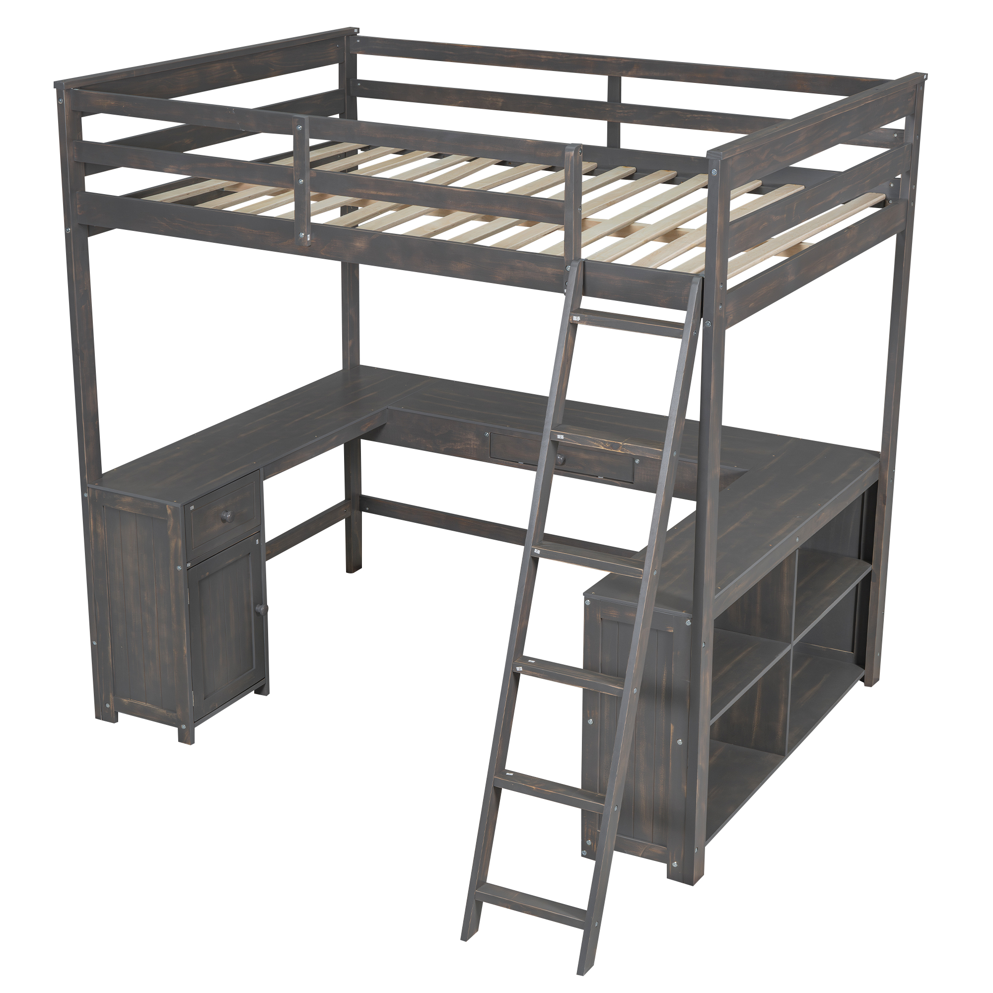 Full/Twin Size Loft Bed with U-shaped Desk, Drawers and Storage Shelves, White/Antique Brown 