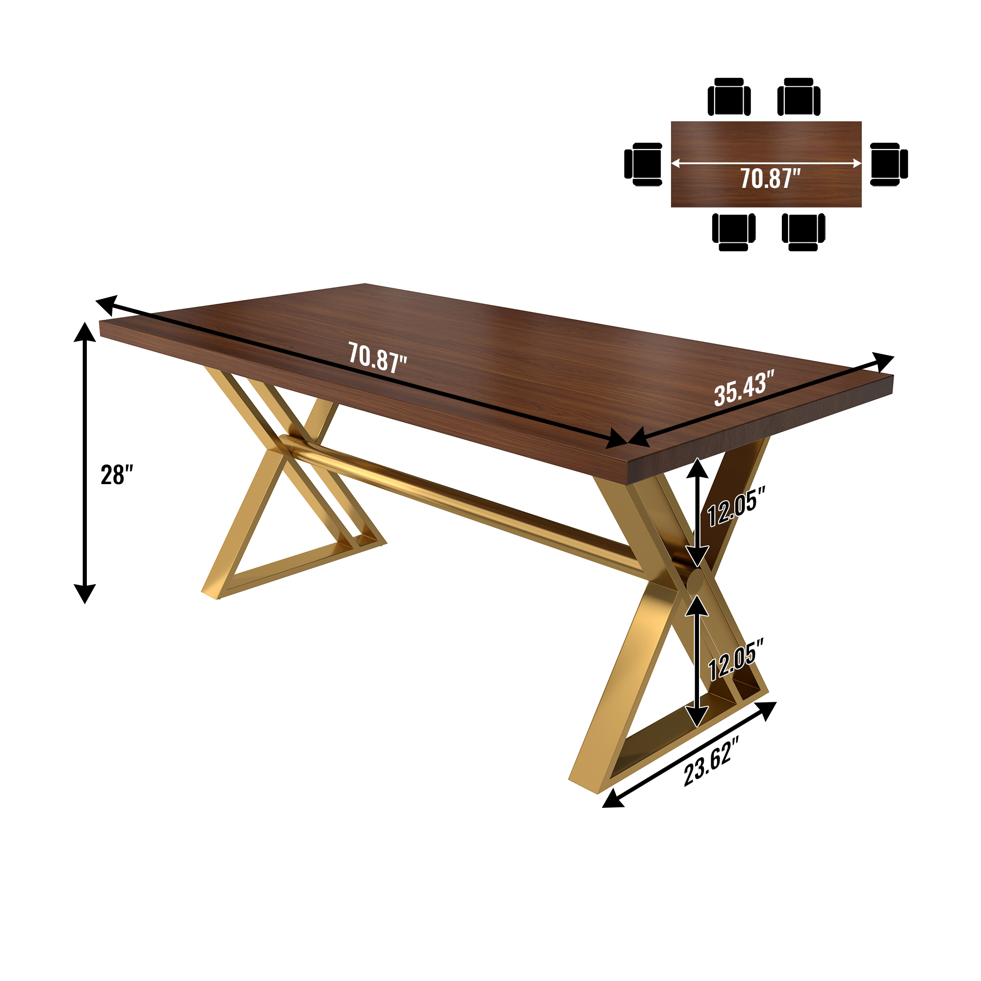 Brown/White Walnut Wood 70.87 in. Cross Legs Dining Table Seats-6