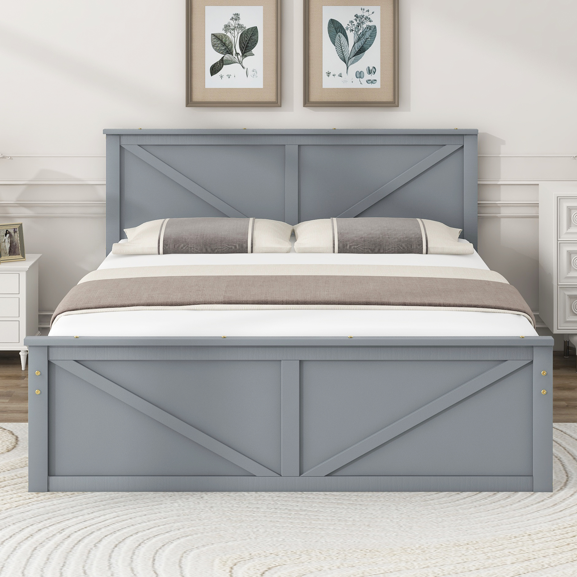 King/Queen Size Wooden Platform Bed with Four Storage Drawers and Support Legs, White/Gray
