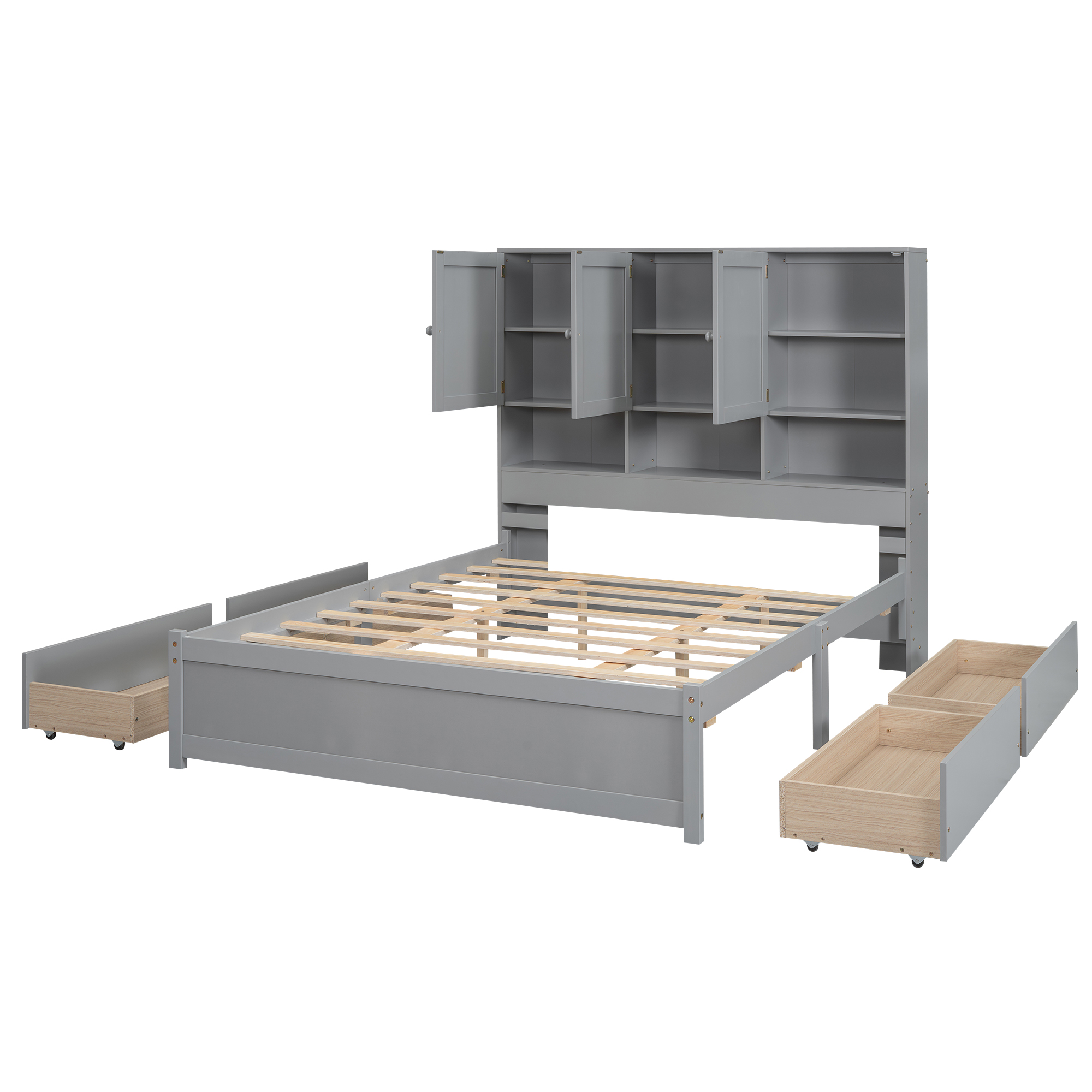 Full/Queen Size Platform Bed with Storage Headboard and 4 Drawers, Gray/White