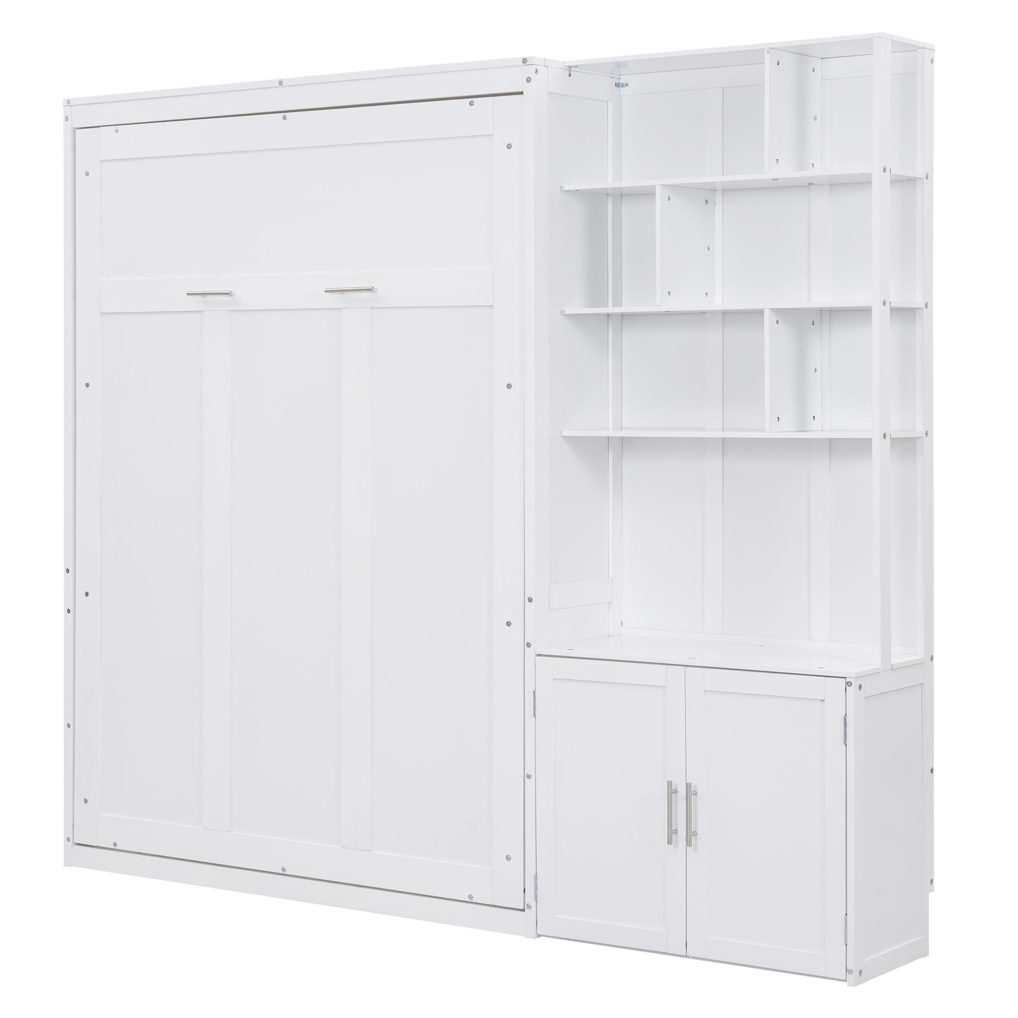 Full Size Murphy Bed with Multiple Storage Shelves and A Cabinet, White 