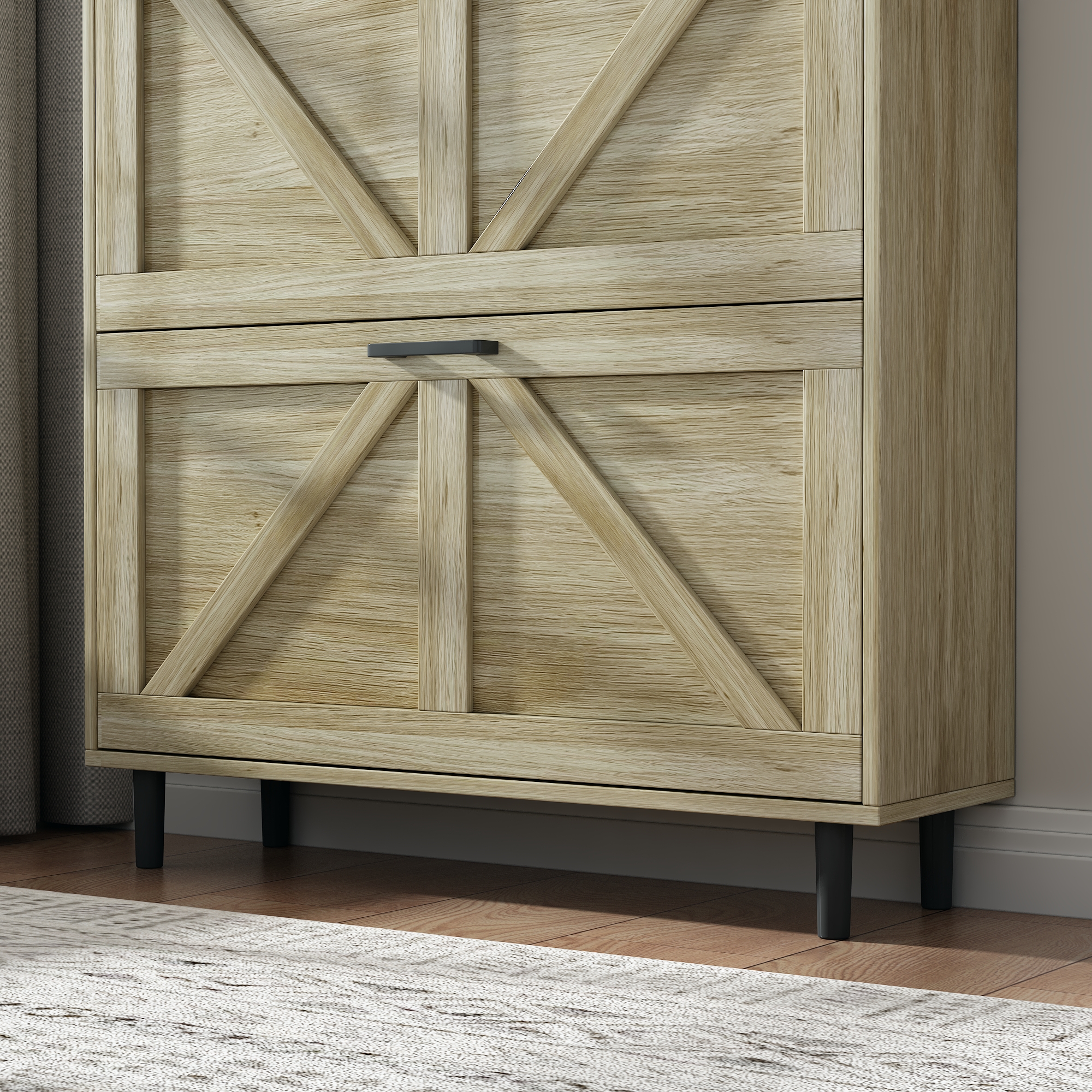 Farmhouse Shoe Storage Cabinet with Barn Door Design, Shoe Organizer with 2 Flip Drawers, Freestanding Narrow Shoe Rack Cabinet with Open Storage for Entryway,Foyer,Hallway,(Antique White/Natural Wood) 